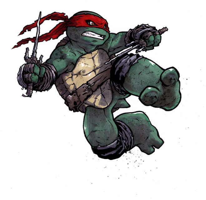 a comic book illustration of leonardo from the teenage mutant ninja turtles. he is in a fighting stance, holding his sai in his right hand, with his left leg extended forward. he is wearing his iconic red bandana. the background is white. the image is in a comic book style, with bold lines and vibrant colors.