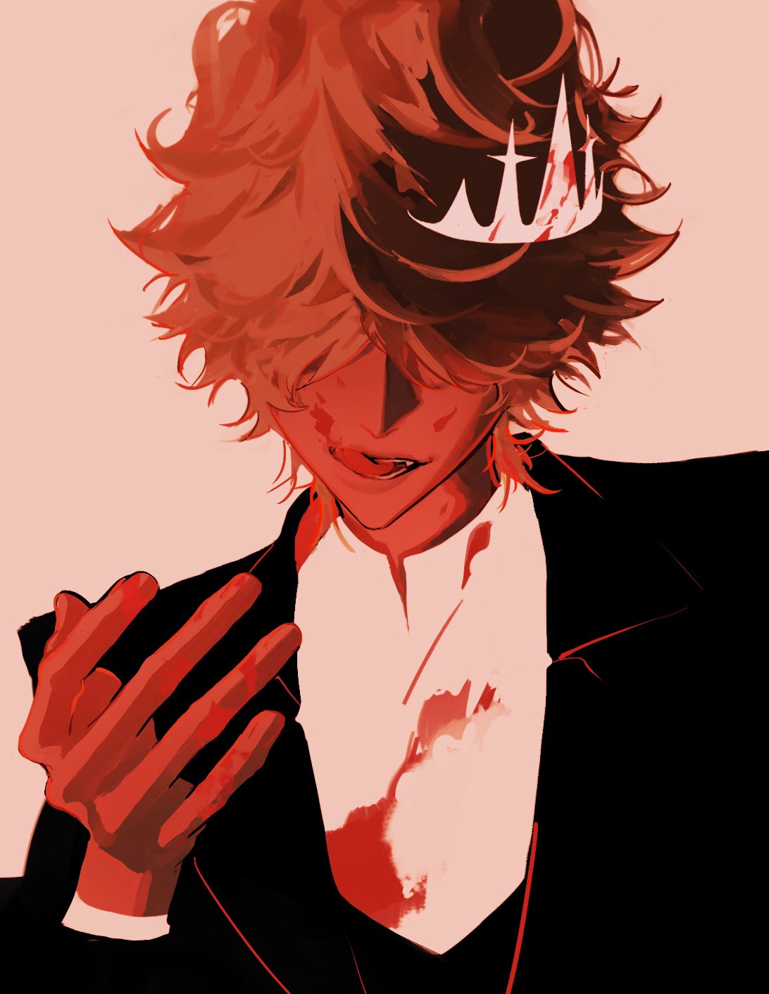 the image is a digital illustration or artwork depicting a young animestyle male character. he has bright, curly red hair partially obscuring his face. a white crown, stained with what appears to be blood, sits atop his head.  he wears a dark suit and shirt, and there are bloodstains visible on his shirt. the character has a smirk or slightly sinister expression, and his hand is presented in a gesture that could be interpreted as either alluring or threatening. the overall color scheme is predominantly shades of red and black, creating a dramatic and intense mood. the style is stylized and highly detailed, suggesting a scene from a graphic novel, comic, or fantasy setting. the character's posture and expression create a sense of power and perhaps malevolence.
