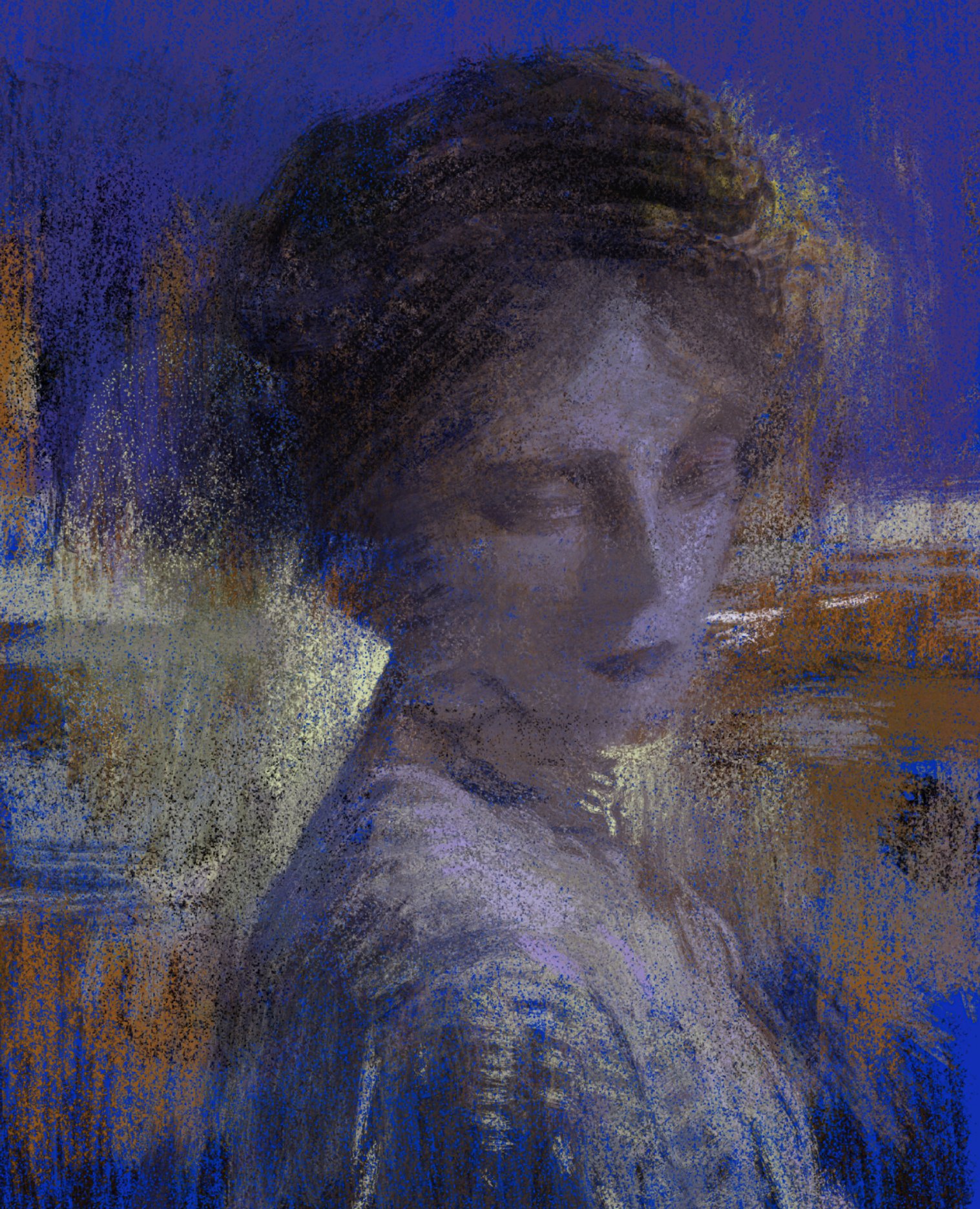 the image is a portrait of a woman painted in a soft, dreamlike style with a blue, purple, and brown color scheme. the woman's face is partly obscured by her hair, which is styled in a loose, flowing way. she has large, dark eyes that seem to gaze off into the distance, and her expression is one of quiet contemplation. the background is abstract and suggestive of a dreamy atmosphere. the overall effect is one of melancholy and wistfulness.  the painting evokes a sense of mystery and intrigue, and the woman appears to be lost in thought, as if she is pondering a deep and personal issue.
