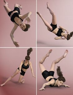 he image showcases a 3d rendered woman in four different dynamic poses. she is wearing black athletic wear and appears to be falling or in motion in each frame. the background is a consistent muted pink, suggesting a studio setting with controlled lighting.