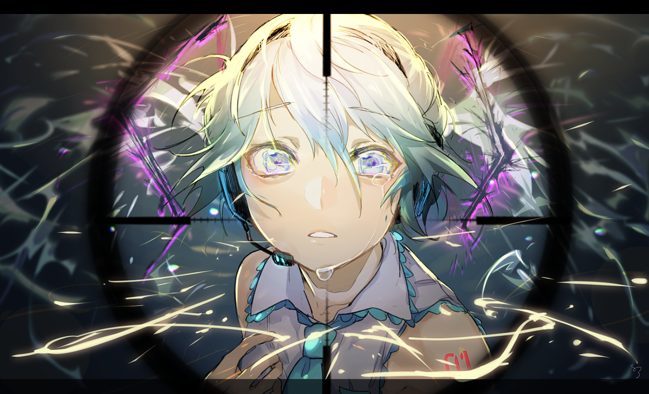 the image is a digital painting or illustration of an animestyle female character.  she has short, light teal and white hair, and her eyes are wide and filled with tears. her expression is one of sadness or distress.  she is wearing a lightcolored dress or top. the background is abstract and dynamic, with streaks of light and color suggesting motion or energy. a crosshair overlay suggests she is being targeted by a weapon or is in a dangerous situation. the overall style is vibrant, emotional, and suggestive of a story or narrative. the artistic style blends painterly strokes with sharp lines.
