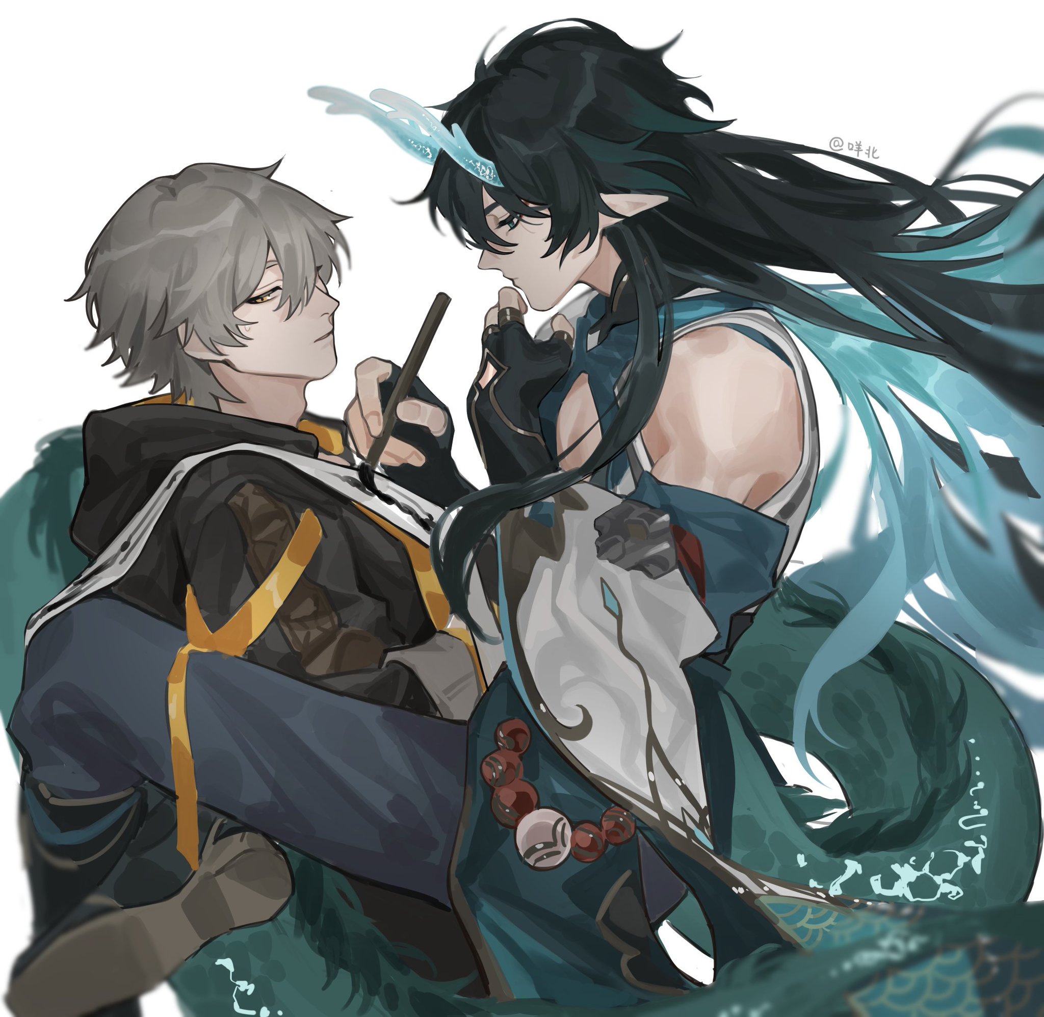 this is an anime drawing of two male characters.  one is sitting, while the other is leaning over him, and their hands are touching, suggesting they are close. the character with long black hair is wearing blue and green clothing with a patterned white cloth. the character with grey hair is wearing yellow and black patterned clothing.  they are sitting against a white background.