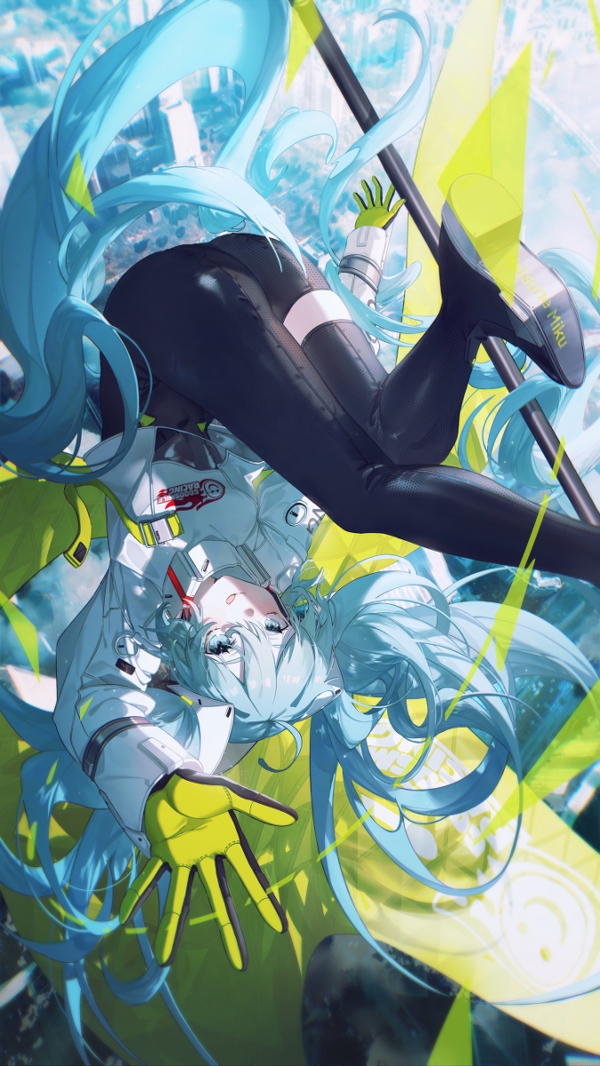 an animestyle illustration of hatsune miku floating upside down. she has long blue hair in ponytails and is wearing futuristicstyle clothing including black leggings, a white jacket, and green gloves. the word "miku" is visible on one of her shoes. the artwork is stylized and has a digital art feel.
