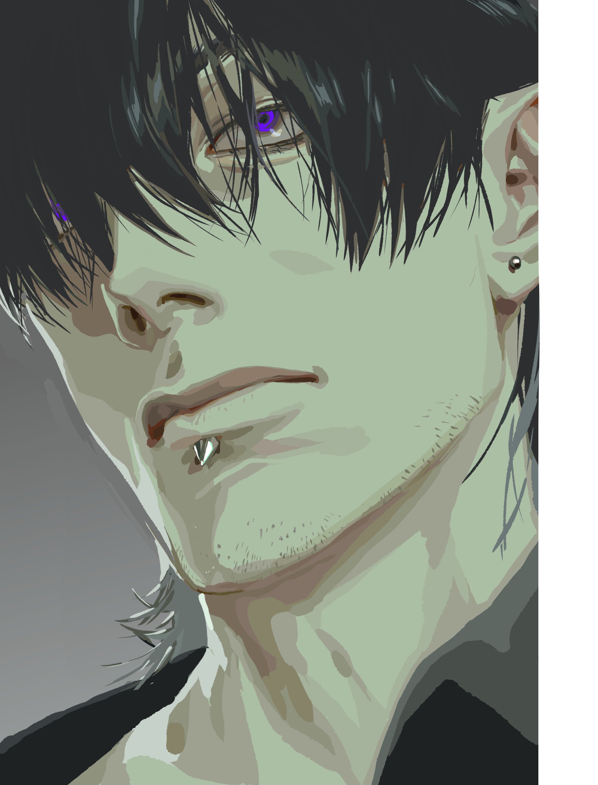 a closeup illustration of a man with dark hair and purple eyes. he has a piercing in his lip and ear. the artwork is done in a distinct style.