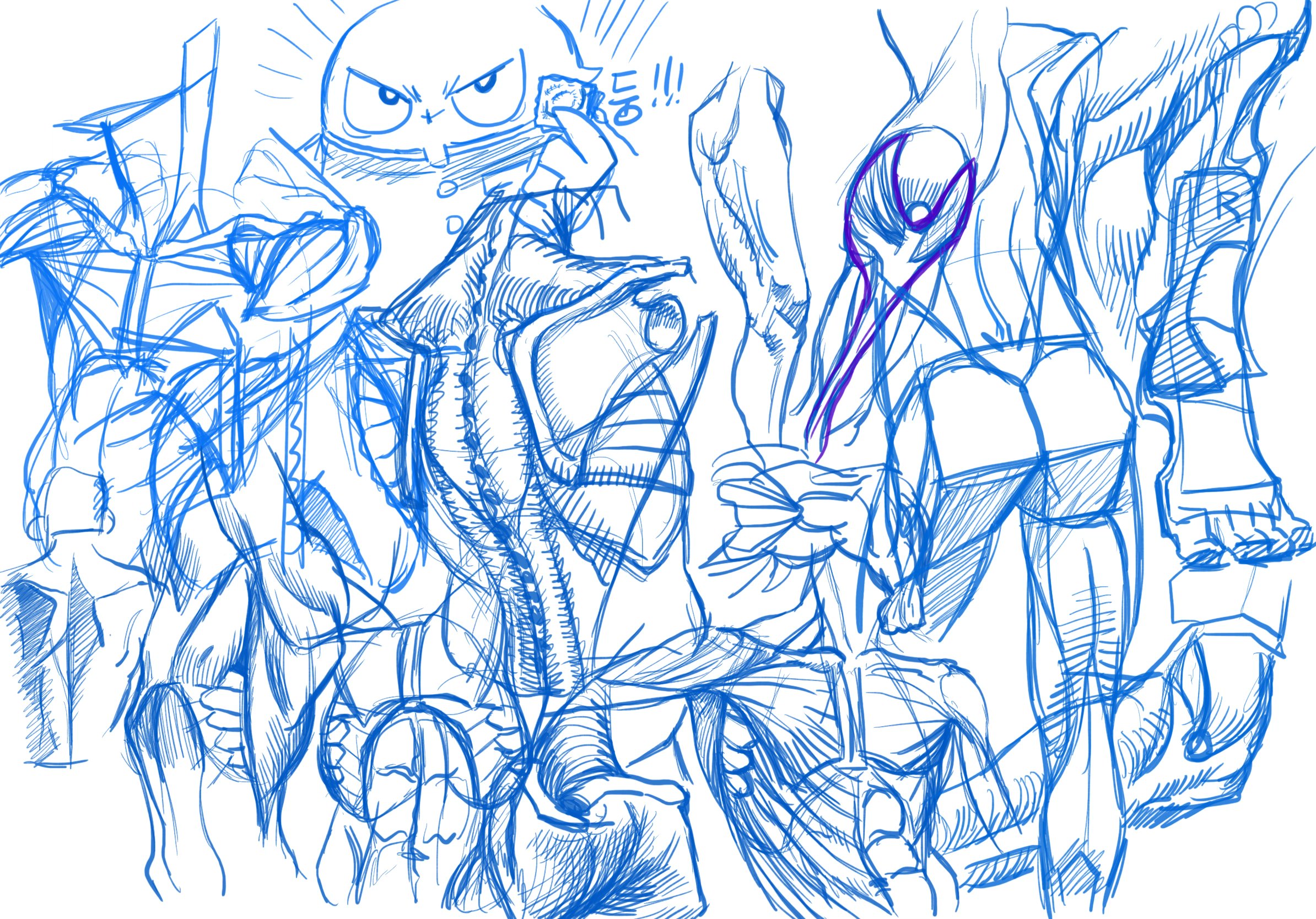 a blue line art drawing of multiple figures in abstract poses. the figures appear to be in various stages of completion, with some more defined and others more sketchy.  the drawing is made up of overlapping lines and shapes, creating a sense of movement and energy.  the figures are obscured by the other figures, making it difficult to tell where one begins and the other ends.  there is a hint of purple color in the center of the drawing.  the lines are drawn in a quick and gestural style.