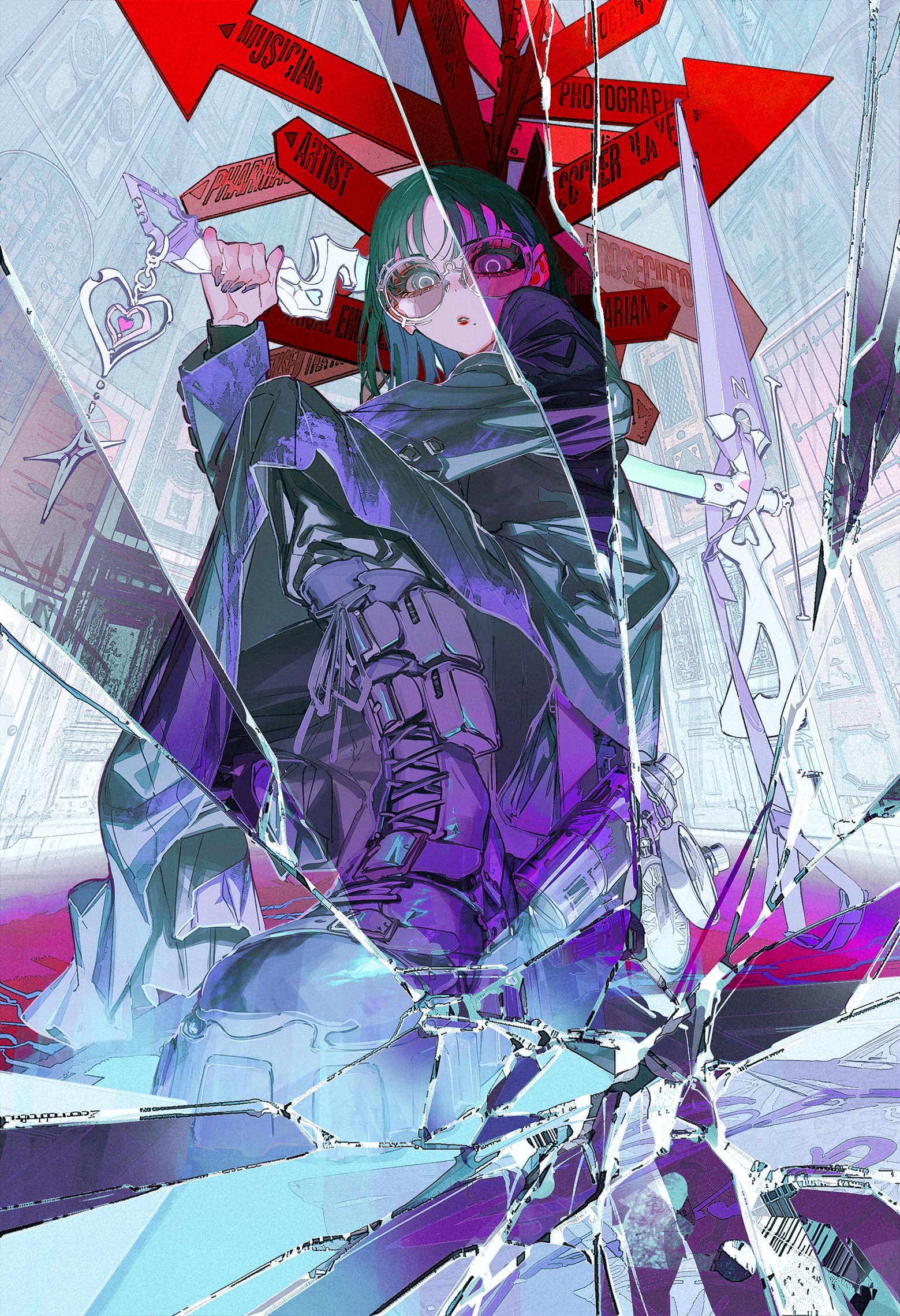 the image depicts a young anime girl with green hair and a purple outfit, wearing glasses and wielding a futuristic sword. she is surrounded by shattered glass, creating a chaotic and cyberpunkinspired aesthetic. the red and blue colors contrast, and the lighting is vibrant, highlighting the character's dynamic pose. the overall feeling is one of action, danger, and mystery.