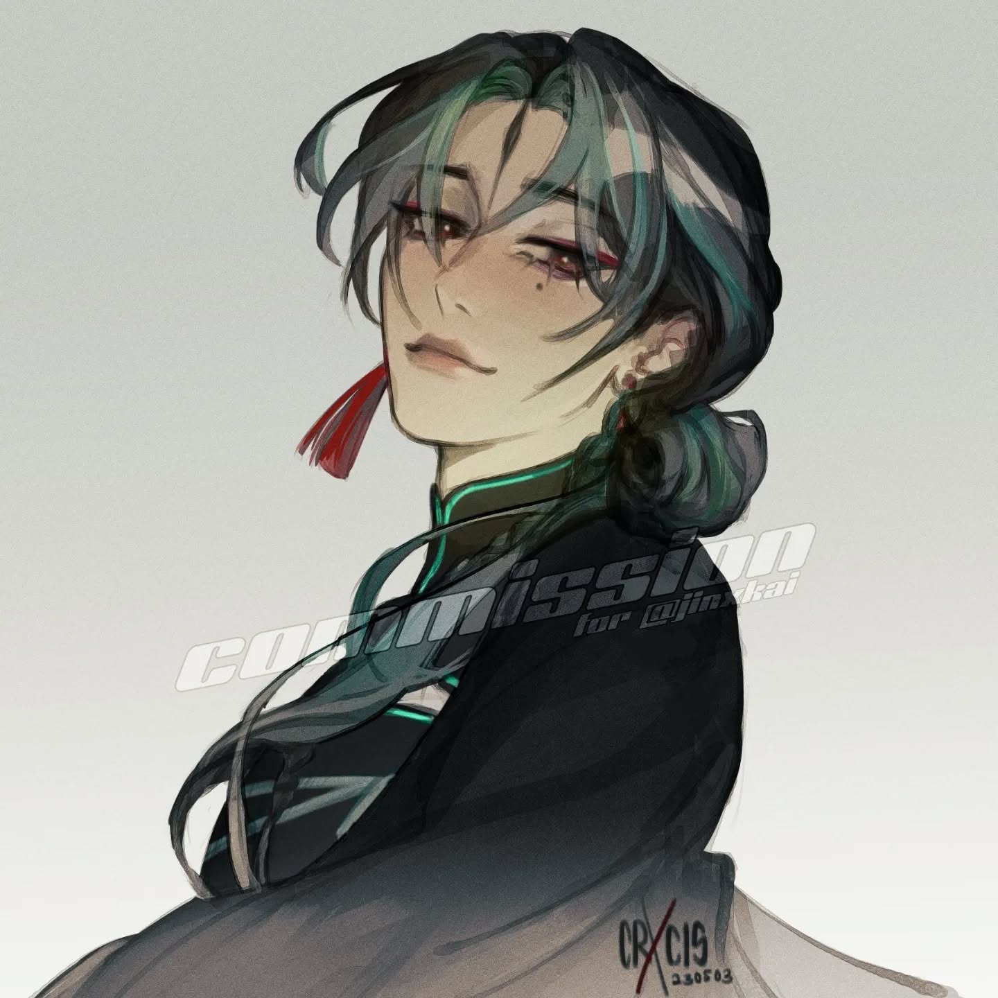 he image is a digital painting of an animestyle male character. he has teal hair tied up in a bun and is wearing a darkcolored traditional chinesestyle outfit with a teal collar and red tassel. his expression is a subtle smirk, appearing confident and elegant.  the art style is soft and painterly with subtle shading and highlighting. a watermark indicates that the artwork is a commission.