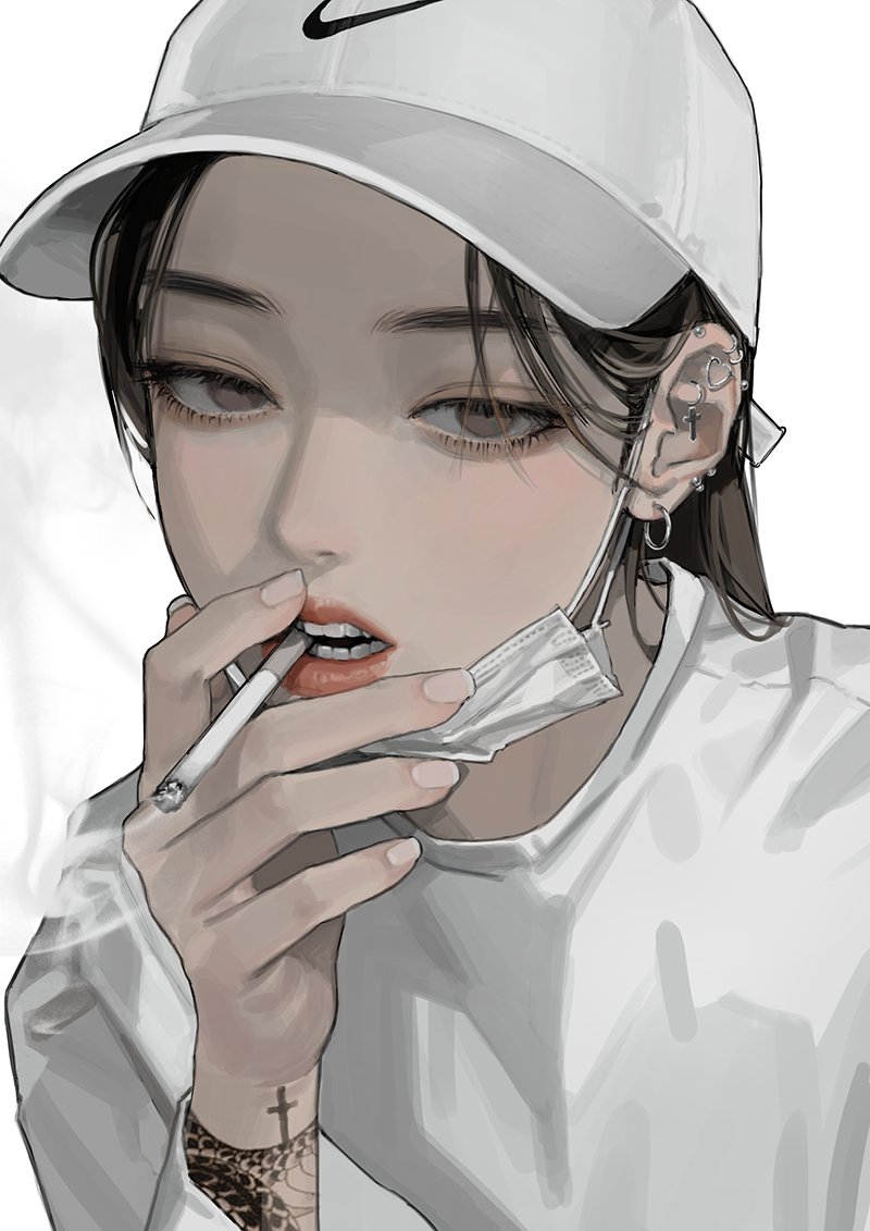 the image is a detailed digital illustration of an animestyle girl. she is wearing a white baseball cap with a nike logo, a white longsleeved shirt, and a partially visible disposable face mask.  she has multiple piercings in her ears and a visible cross tattoo on her wrist. the girl's expression is somewhat stoic and she is holding a cigarette to her lips, smoke emanating from it. the overall style is realistic and detailed, with a muted gray color palette giving a moody and edgy feel.