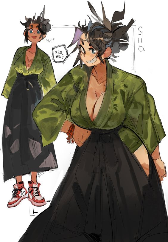 the image showcases a stylized character design of a woman with horns. she's sporting a modern take on a kimono, pairing a flowing green patterned overshirt with a black hakamastyle skirt. the look is completed with vibrant red and white sneakers, adding a streetwear edge. her playful demeanor is emphasized by her pose and the "blep" expression.