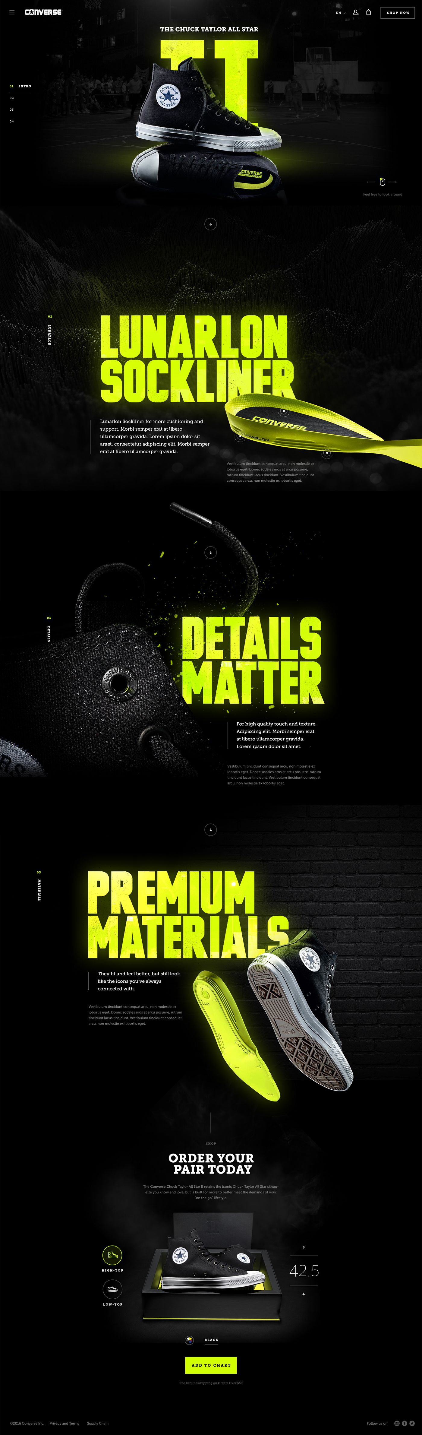 this is a website design for a pair of black converse sneakers. the design is sleek and modern, featuring a dark background with bright yellow and green accents. the sneakers are the focal point of the design, and they are showcased in a variety of ways. the website also includes information about the sneakers, such as their features and materials. the design is also very informative, with clear calls to action and a seamless shopping experience.