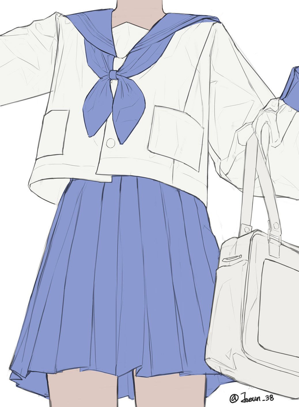 an illustration of an animestyle school uniform with a blue pleated skirt, a white blazer with a blue sailor collar, and a white bag. the uniform features pockets on the blazer and a tied bow at the neck.