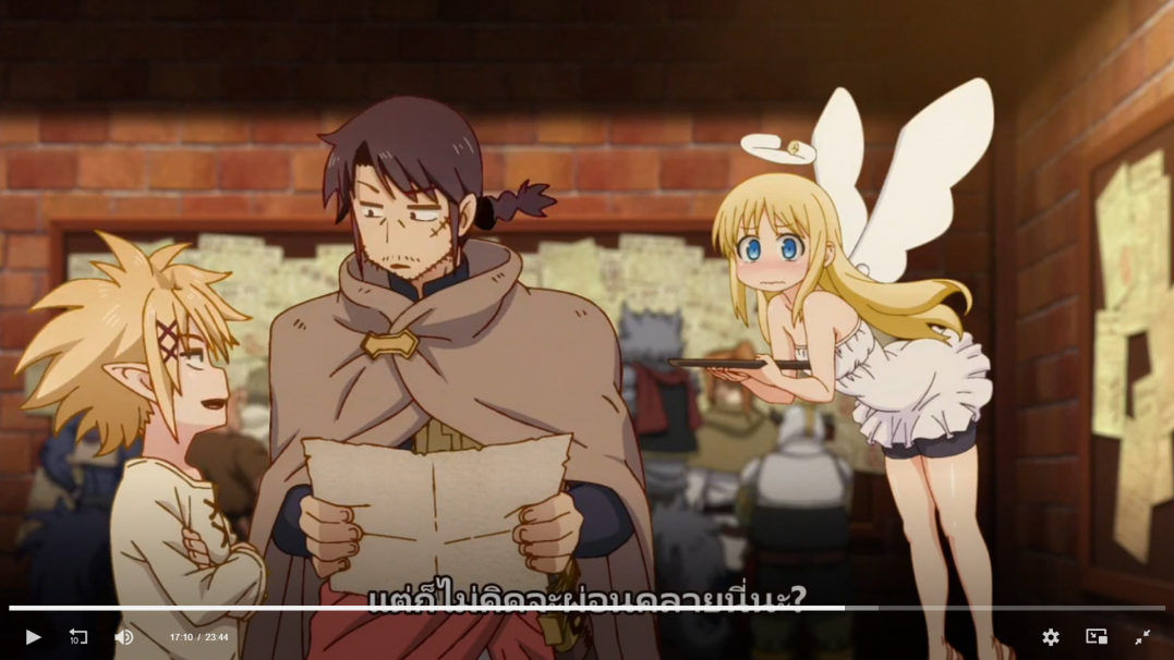this is an image from an anime. it shows a man and a woman talking, there is a boy sitting down in the background. the man has brown hair, a beard, and a black eye patch. he is wearing a brown cloak over a red shirt. he has a piece of parchment in his hands. the woman has long blonde hair and is wearing a white dress with white wings. she has a blue halo. she is holding a tray. the man is looking at the woman, while the woman is looking at the boy in the background. the boy is looking at the woman.  there is text in the background.  the image is taken from a video screen.