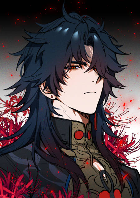 this is a portrait of a handsome anime man with black hair and red eyes. he is wearing a black and gold outfit with a red spider lily behind him. the man looks serious and elegant. the art style is very detailed and realistic.
