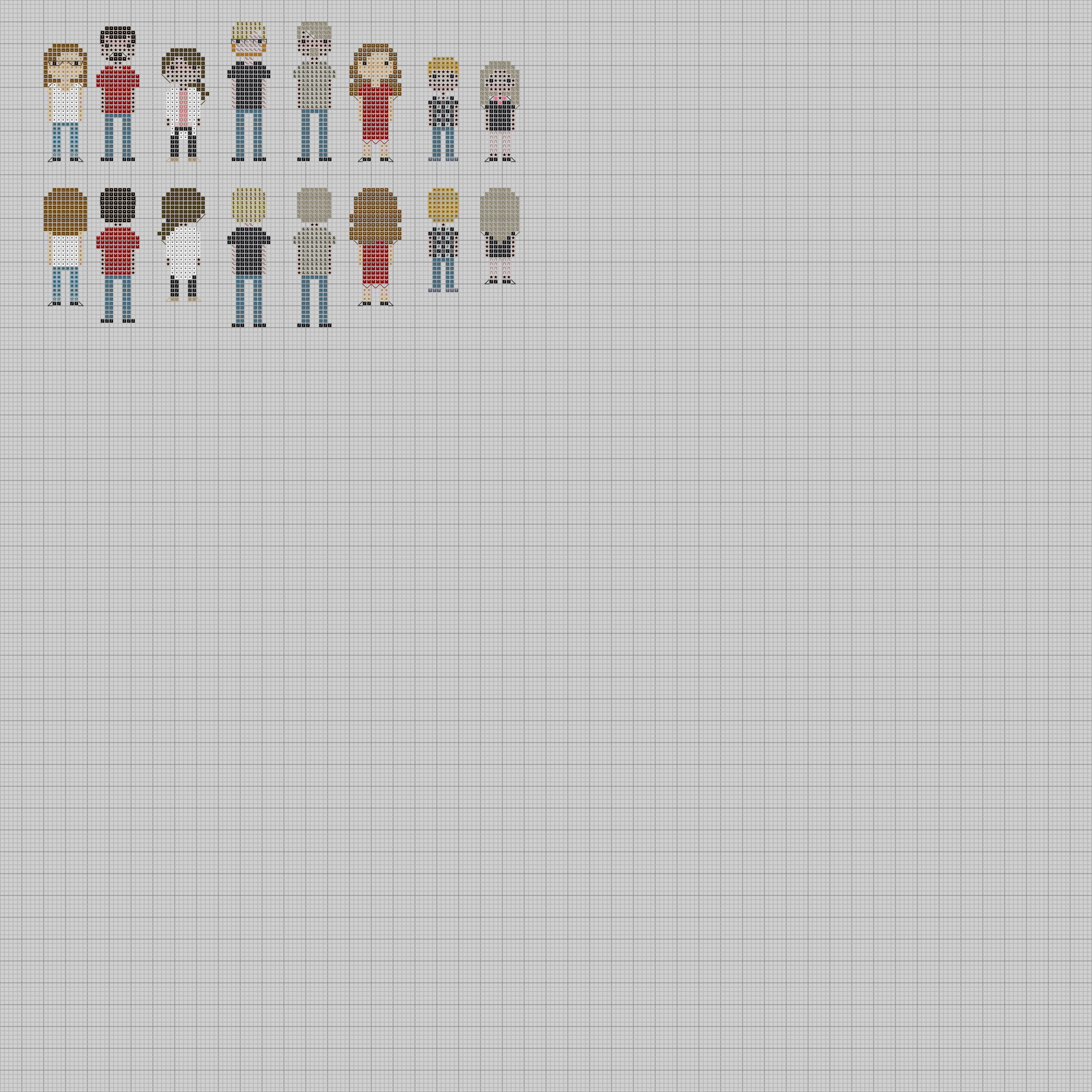 this image is a pixel art depiction of people in a row. the people are pixelated and are standing in a row on a gray background. the people are wearing casual clothing and some have short hair while others have long hair. there are also both male and female characters in the image.  the characters are in two rows on a gridded background.