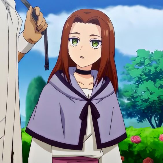 a young anime girl with long, reddishbrown hair and green eyes stands in a garden setting. she wears a white shirt, a black choker, and a purple cape with a black ribbon. she has a surprised expression on her face. a hand holding a whip is partially visible on the left side of the image. the background features blue skies, white clouds, green trees, and red roses.
