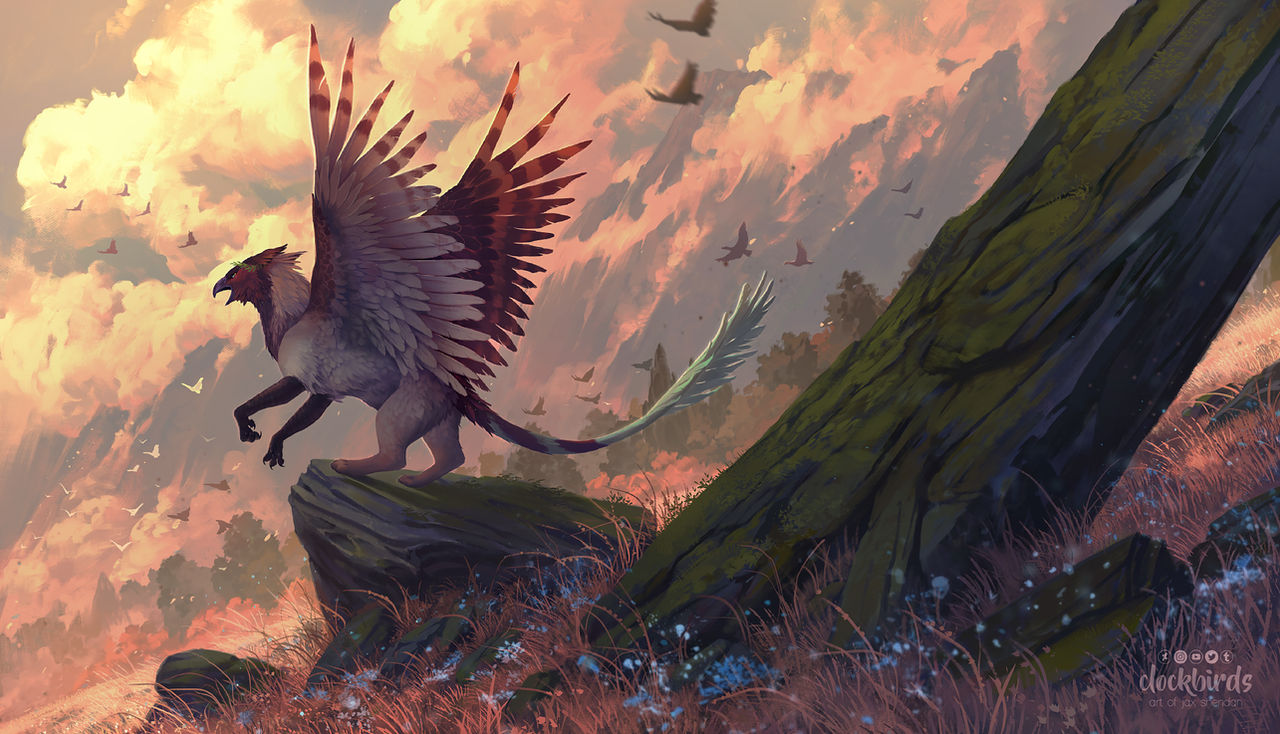 the image depicts a majestic, griffinlike creature perched upon a rock, preparing for flight. its wings, a blend of white, brown, and red feathers, are outstretched against a backdrop of a breathtaking sunset. the warm, golden light bathes the scene, casting long shadows from the surrounding rocks and the creature itself. the landscape is serene, featuring rolling hills, a smattering of trees, and a flock of birds soaring in the distance. the overall mood evokes a sense of tranquility, freedom, and the aweinspiring beauty of nature.