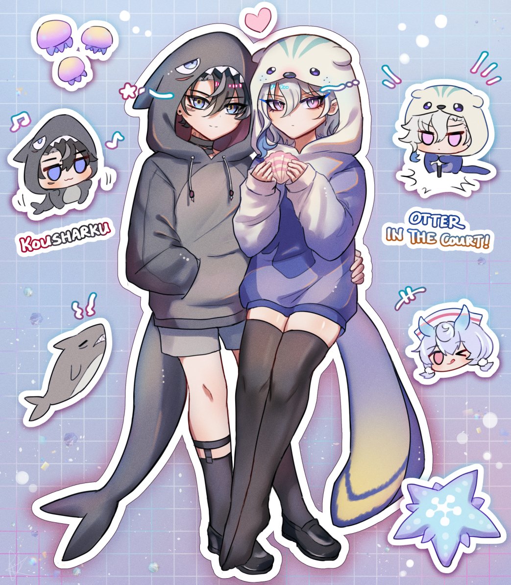 this is a cartoon illustration of a girl and boy holding hands, with a cute background of sea creatures and a bright and colorful design. the girl is wearing a blue hoodie with a long otter tail and the boy is wearing a black shark hoodie with a long shark tail. the illustration has a sweet and playful style, with a lot of detail and personality. the boy and girl have happy expressions on their faces, and their poses are both cute and endearing. the illustration is likely a fanart or original piece of art, and the characters are likely based on real or fictional characters from anime or other media.