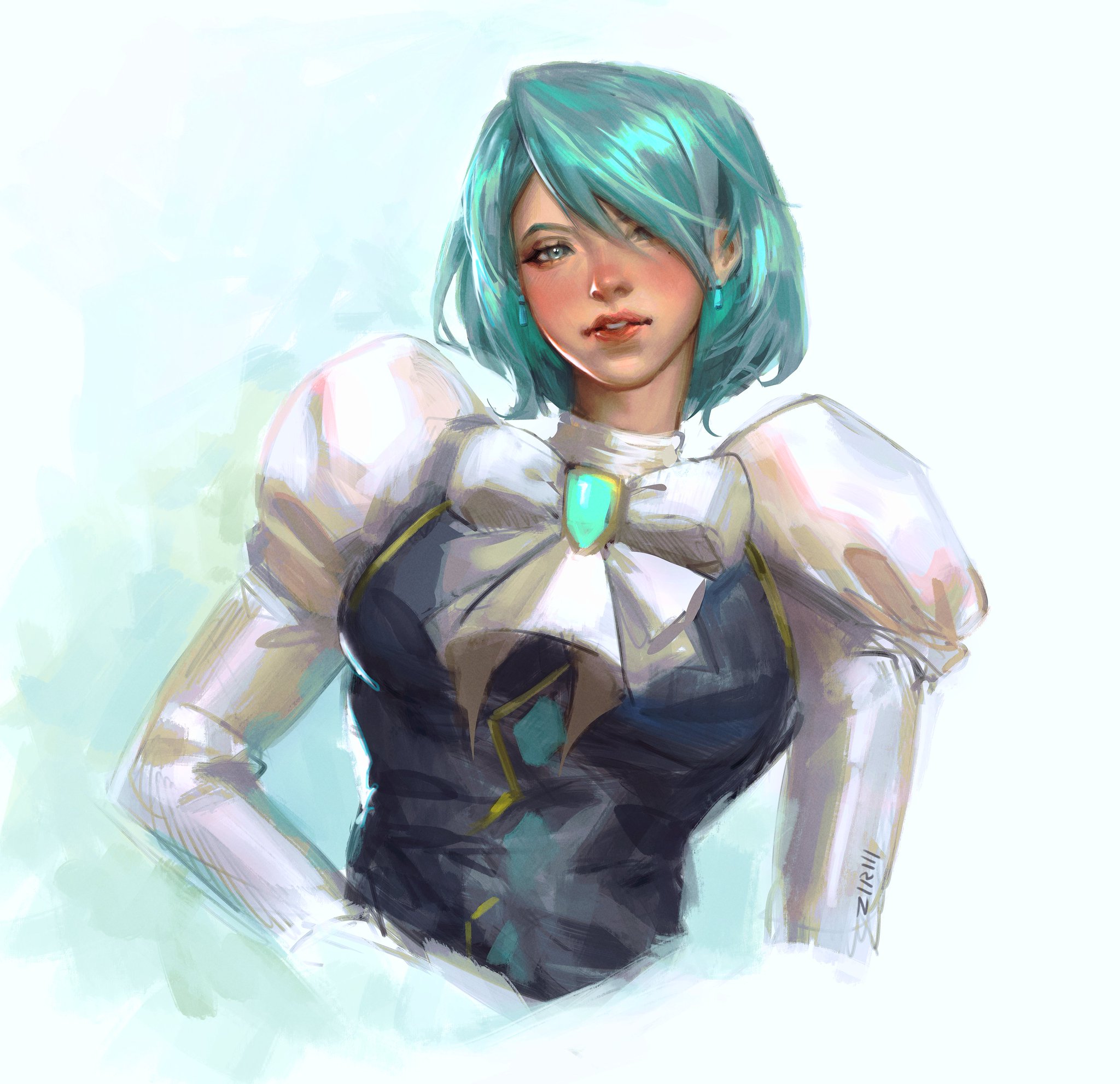 a digital painting of a woman with turquoise hair wearing a black bodice with puffy white sleeves and a bow with a gemstone.