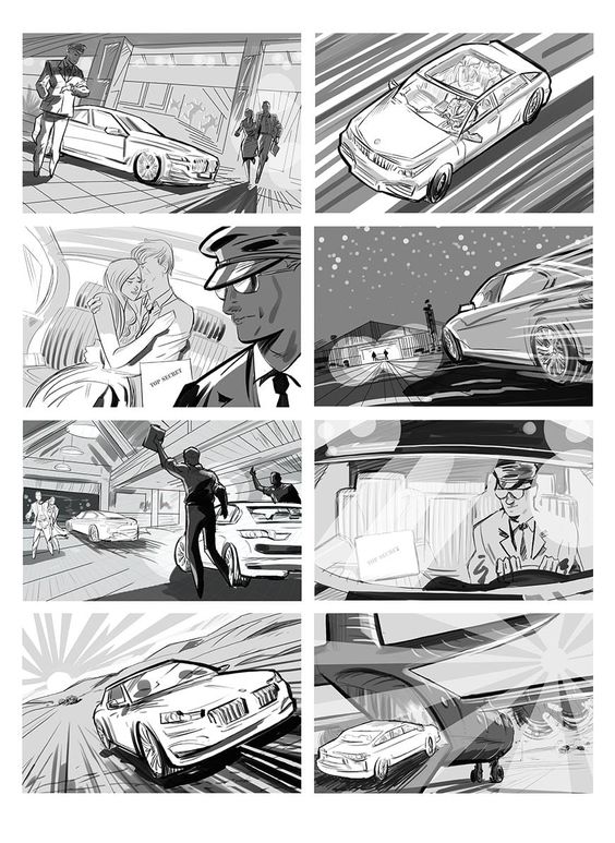 this storyboard depicts a car driving through a city. the car is a luxury sedan and is being driven by a chauffeur. the story unfolds through a series of nine sketches showing different scenes from the car's journey. the sketches are in black and white and have a minimalist style, with a focus on the car and the characters. the images are numbered with the scene order at the top. the image has a stylized and dramatic effect, suggesting a sense of mystery and intrigue.  the  storyboard tells the story through its visual cues, letting viewers interpret the narrative and the car's importance.