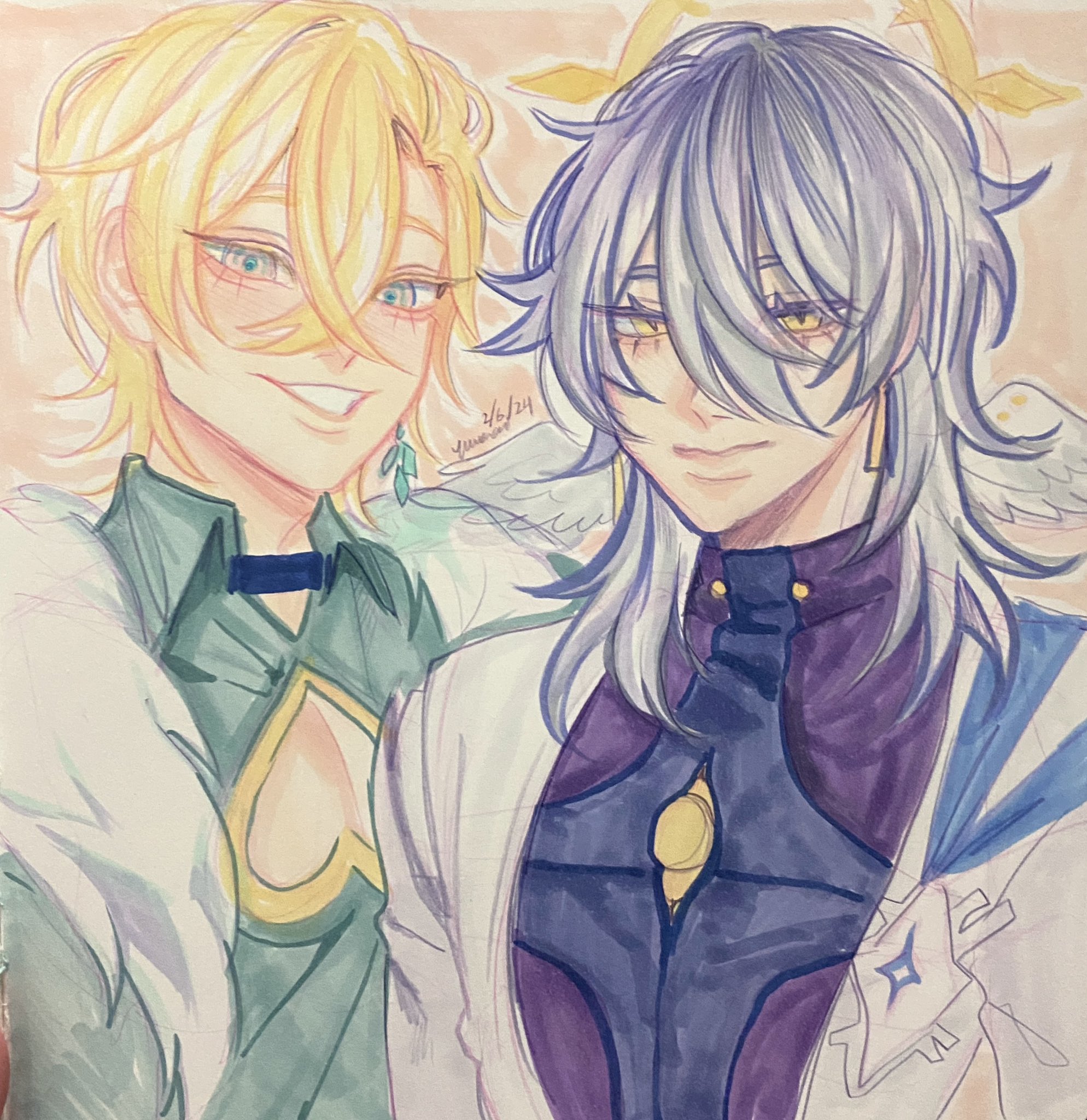 this is a drawing of two anime boys. the boy on the left has blond hair, green eyes, and is wearing a green shirt with a white jacket. the boy on the right has white hair, yellow eyes, and is wearing a purple jacket over a blue shirt. both boys are smiling and looking at each other. they have wings behind them and halos above their heads. the drawing is done in a cartoon style, with a focus on the characters' expressions and details.