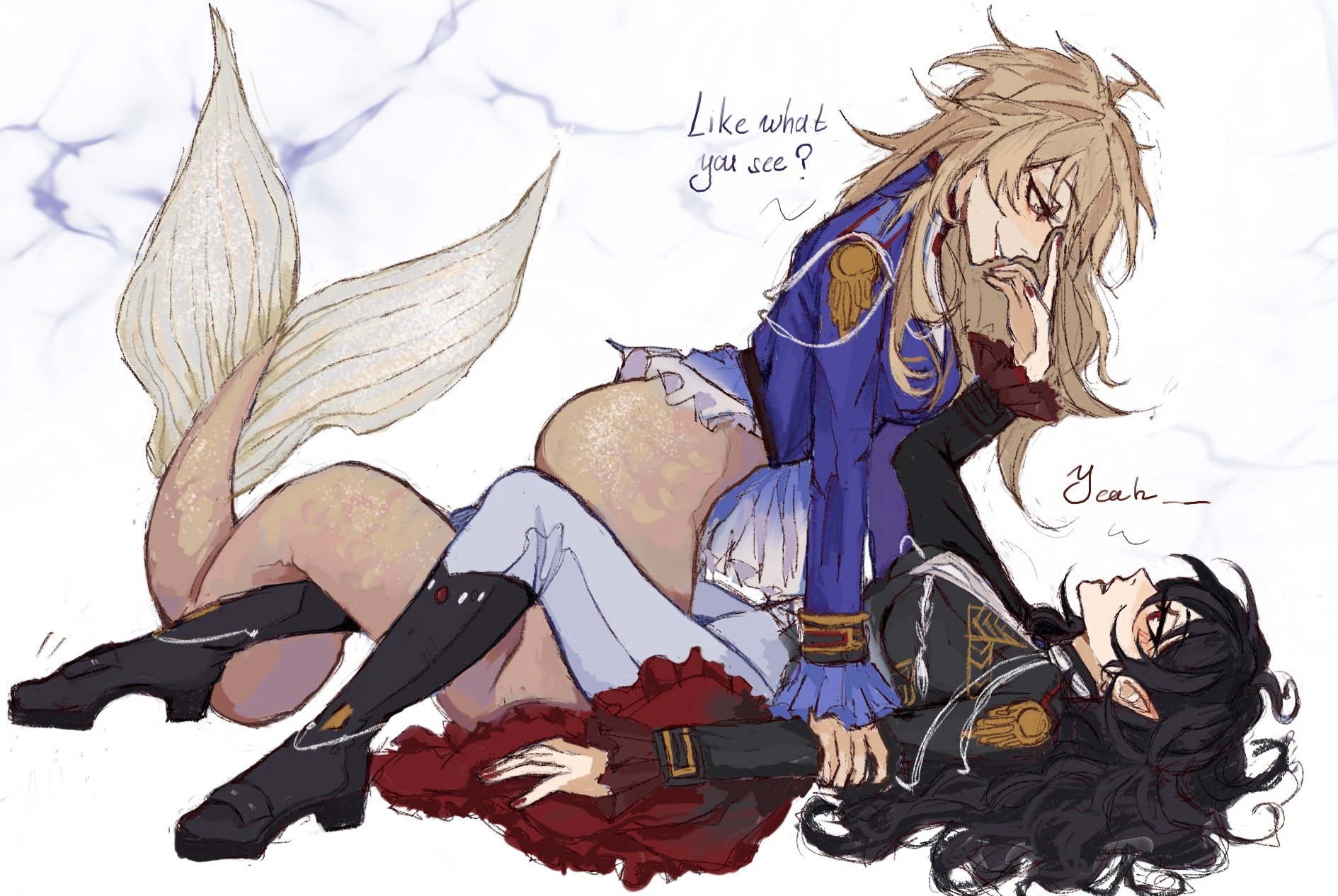 he image is a digital painting depicting two animestyle girls in a romantic embrace. one girl is a mermaid with a pale, glittery tail and long blond hair, while the other has long black hair and is wearing a dark militarystyle uniform. they are lying intertwined on a lightcolored background that resembles clouds or sky. the blond girl has a playful, teasing expression and is looking down at the blackhaired girl, whose face suggests contentment and perhaps a hint of surprise.  a speech bubble above the blond girl says “like what you see?”, and a smaller speech bubble beside the blackhaired girl says “yeah”. the art style is soft and painterly, with a focus on creating a dreamy and romantic atmosphere.  the colors used are relatively muted and soft, with highlights to add shimmer and texture. the linework is loose and expressive, adding to the overall impression of a quick but evocative sketch.