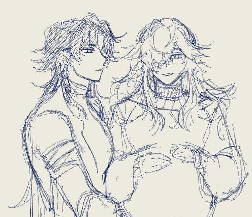 a drawing of a couple, possibly a male and female anime character, standing close to one another and appearing to hug. the woman's hair is long and flowing, covering part of her face. the man's hair is short and parted, showing a slightly serious expression. the art style is a simple, delicate line sketch with a light blue color. the background is white.