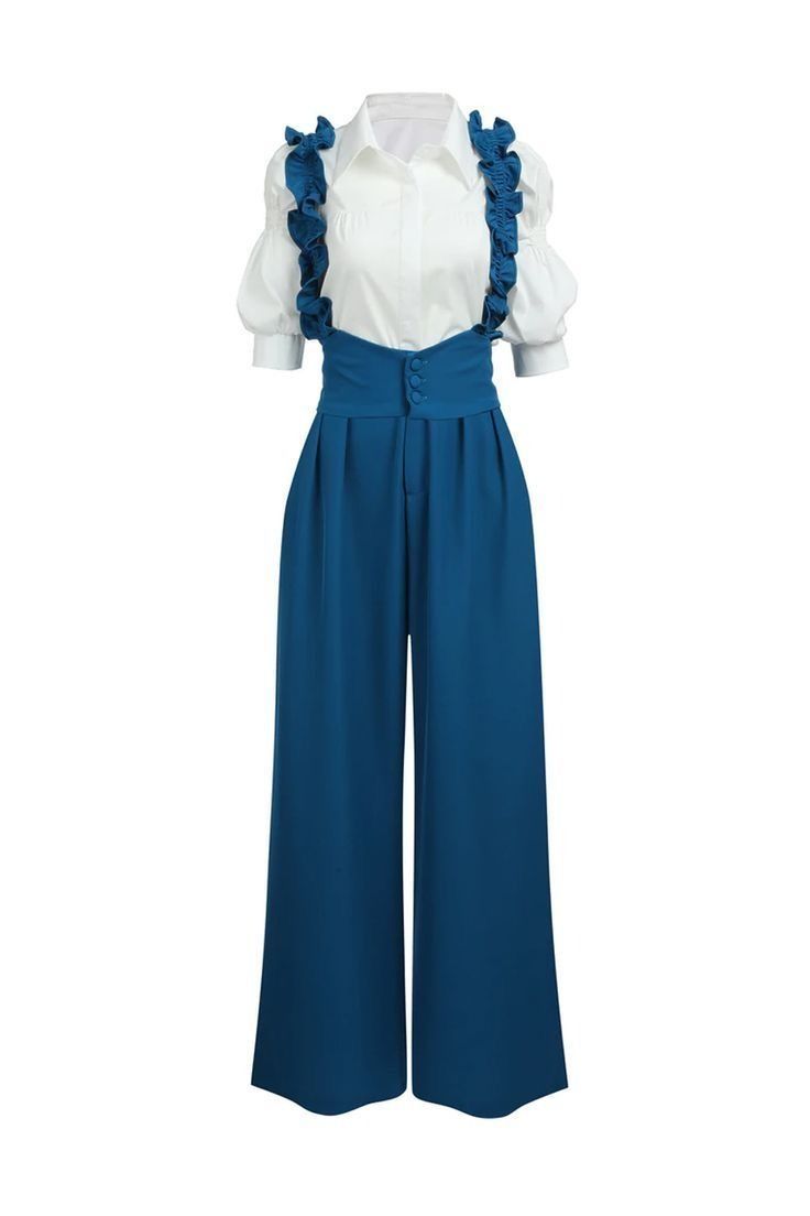 the image shows a woman's clothing item, consisting of a white blouse worn with blue overall pants. the blouse has a collared neck and puffy short sleeves. the pants have wide legs and overall straps with ruffled detailing.
