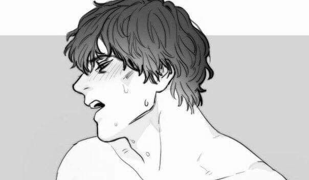 a black and white anime drawing of a young man with short, messy hair. he is blushing and looking away from the viewer. he is drawn in a very detailed style, with realistic shading and highlights. the image is cropped at the shoulders and is set against a plain white background.
