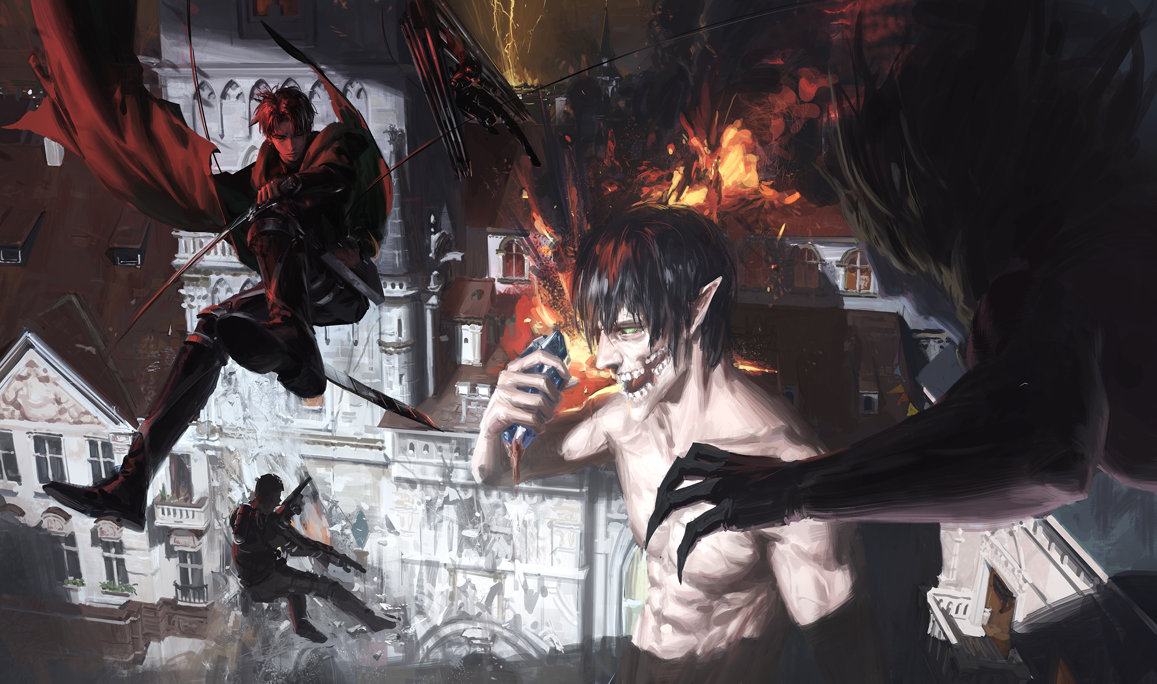 the image depicts a scene from the anime and manga series attack on titan. eren yeager, in his titan form, is shown in the center, appearing menacing. on the left, a soldier, possibly levi ackerman, is maneuvering through the air with swords. another soldier is on the ground, aiming a firearm. the backdrop features a europeanstyle city in ruins, with explosions and destruction evident, suggesting a fierce battle.