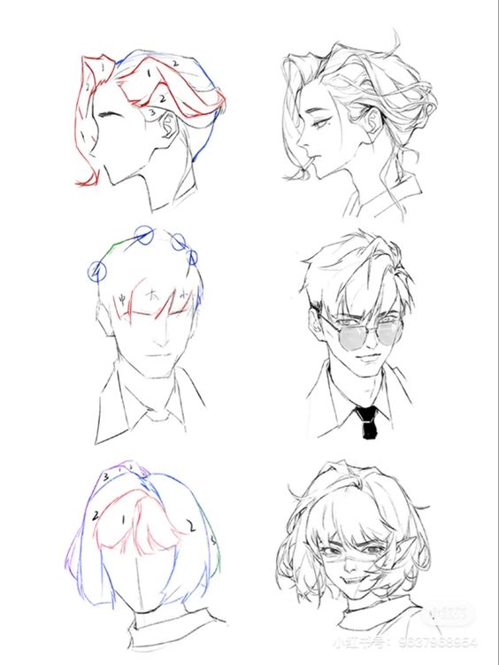 this image is a drawing tutorial on how to draw different hairstyles for both men and women. it features six different heads, three male and three female, with various hairstyles. some heads are shown from the side and some from the front. the drawings include helpful lines and numbers to guide the viewer through the process of sketching the hairstyles.