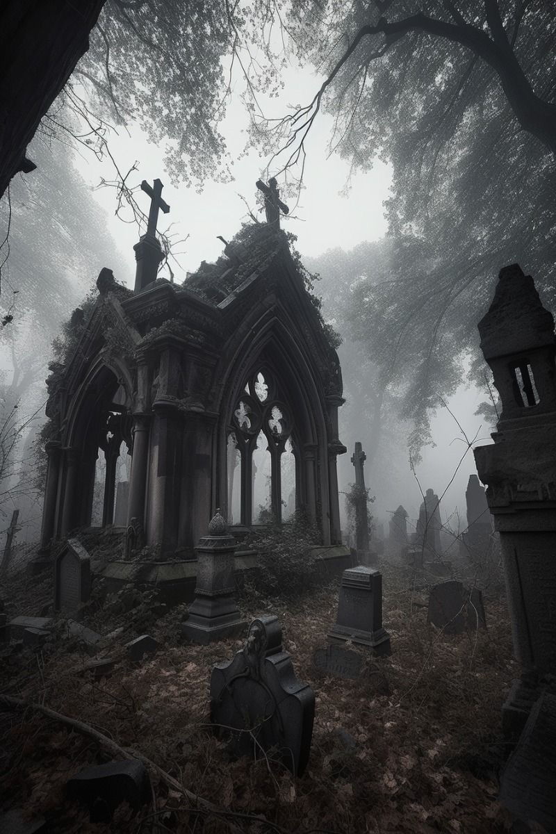 the image shows a dilapidated mausoleum in a foggy graveyard. the mausoleum is made of dark stone and features gothic architectural elements, including pointed arches and crosses on top. the graveyard is overgrown with foliage and scattered with weathered tombstones and graves. the fog adds to the eerie and somber atmosphere of the scene.