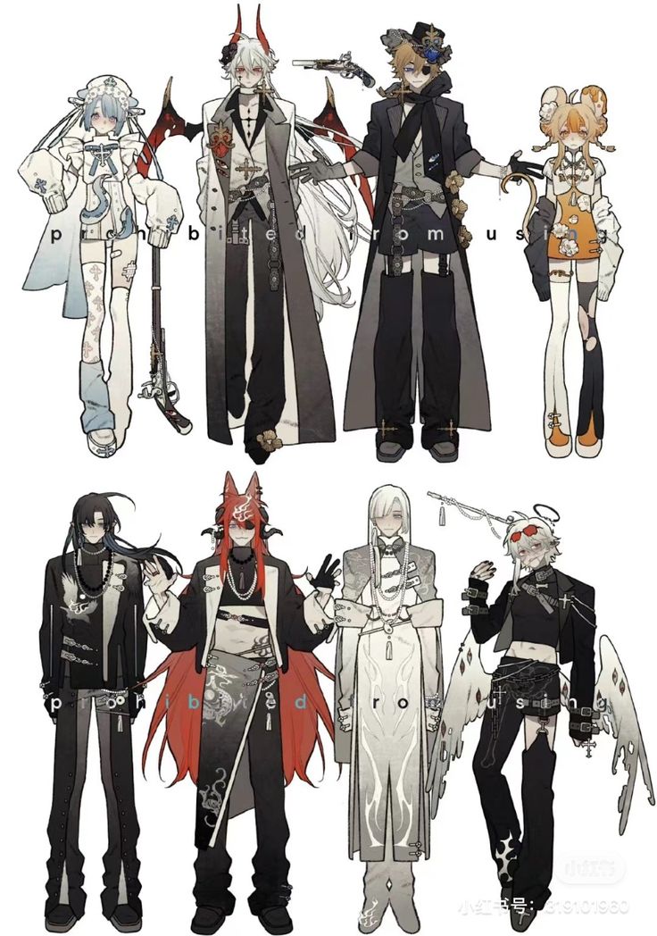 the image showcases a collection of detailed anime character designs.  the characters are diverse in appearance, showcasing a variety of hairstyles, clothing styles (ranging from gothic to more modern), and accessories. some characters possess fantastical elements, such as devil horns or wings.  the art style is polished and consistent across all characters, suggesting a unified visual concept. the characters are arranged in two rows, possibly indicating different groups or character types. each character is welldefined, with clear outlines and detailed shading, creating a visually appealing and cohesive artwork.