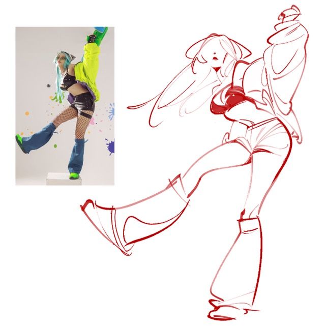 a red line drawing of a girl in a fashion pose on a white background. the drawing is dynamic and captures the energy of the girl's movement. she's wearing a stylish outfit and has a confident look on her face. the drawing is simple but effective, and it conveys a sense of cool and fun.