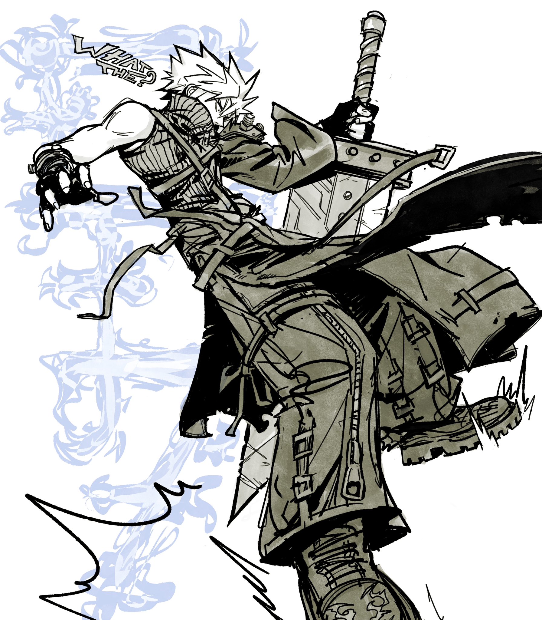 this is a dynamic ink drawing in a comic book/manga style depicting cloud strife from final fantasy vii. he's in a midaction pose, wielding his buster sword. the style is primarily monochrome with shades of grey, creating a gritty and powerful aesthetic. the background includes stylized flourishes that hint at a fantastical setting. the artist’s style is expressive, capturing movement and energy in cloud's pose.  there's a small speech bubble near his head saying "what the?".