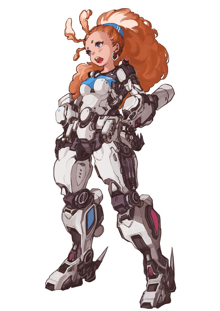 a young woman with long, curly red hair pulled back in a high ponytail stands confidently in a white and gray mecha suit.  the suit is sleek and formfitting, with blue and red accents. she wears a surprised or excited expression.