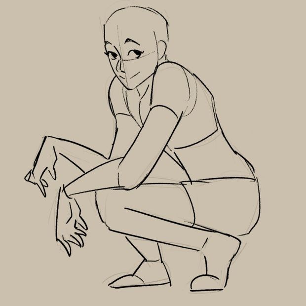 a simple sketch of a female character crouching, in a relaxed pose.