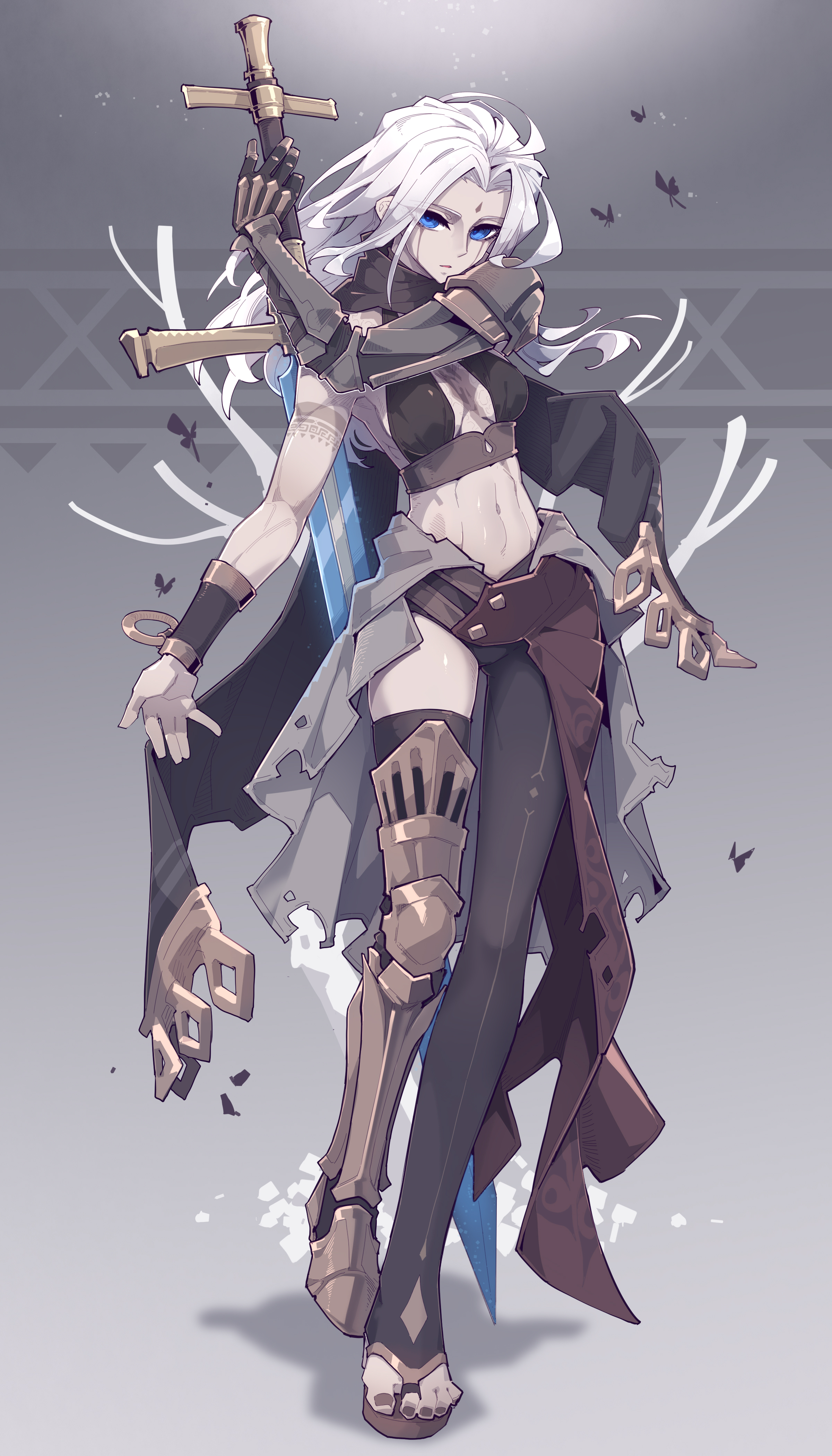 a fullbody illustration of a female warrior character with white hair and blue eyes, holding a sword. she is wearing a dark top, loose pants, and partial armor on one leg, along with sandals. butterflies are scattered around her, set against a monochrome background with geometric patterns.