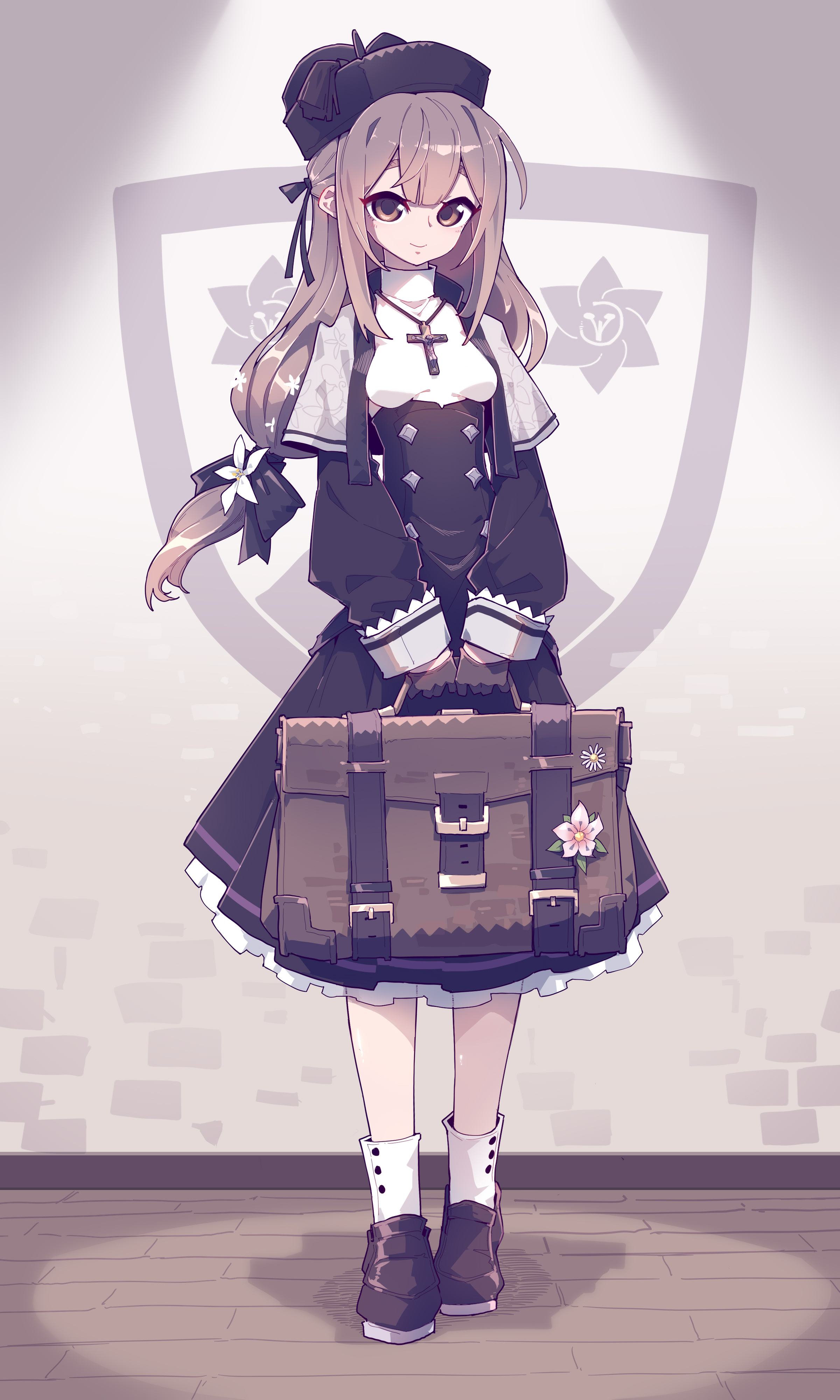 animestyle girl wearing a dark school uniform with a cross necklace and hat, holding a brown briefcase decorated with a flower. she stands in front of a shield emblem on a brick wall.