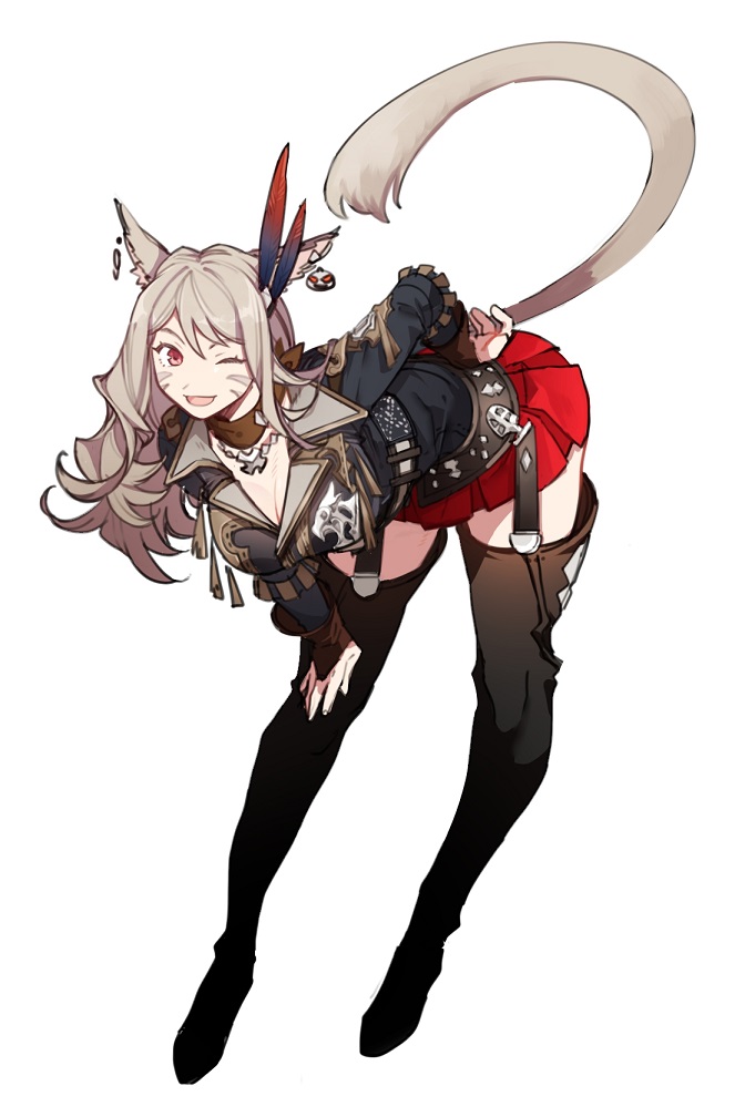 the image features a cute anime girl with white hair and cat ears. she is wearing a leather jacket, red skirt, stockings, and boots. she is winking and smiling, with a playful expression. her tail is curled behind her. the artwork is done in a digital style and has a fantasy feel.