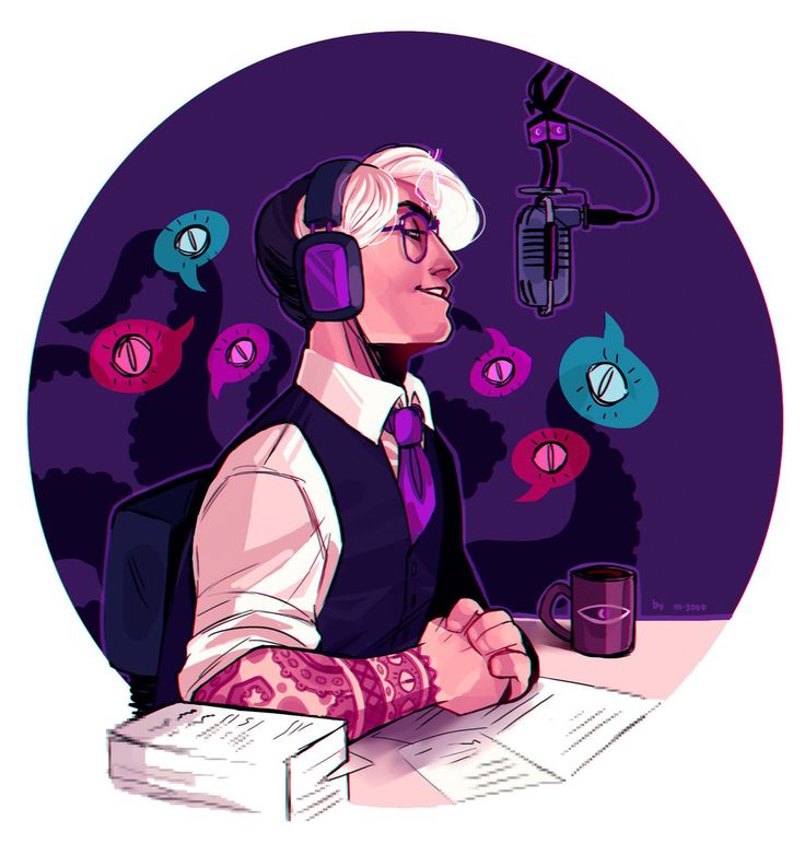 the image is a cartoon illustration of a man with white hair and glasses, wearing headphones, a white shirt, a vest, and a purple tie. he is sitting at a desk with documents, papers, and a mug with an eye symbol on it. there's a microphone in front of him, suggesting he's recording a podcast or radio show. he has a tattoo on his arm. behind him are octopus tentacles and speech bubbles with eye symbols inside. the background is a purple circle. the style is artistic and colorful.