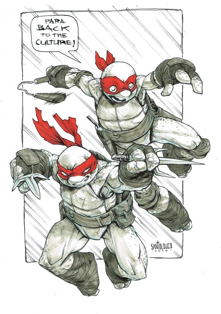 this is a sketch of two teenage mutant ninja turtles. they are both wearing their red masks, and are in midair, one is jumping, the other is leaping. the one on the right is holding a pair of sais. the image is in black and white with red highlights. in the top left corner is a speech bubble that reads "para back to the culture!". this is likely fan art.