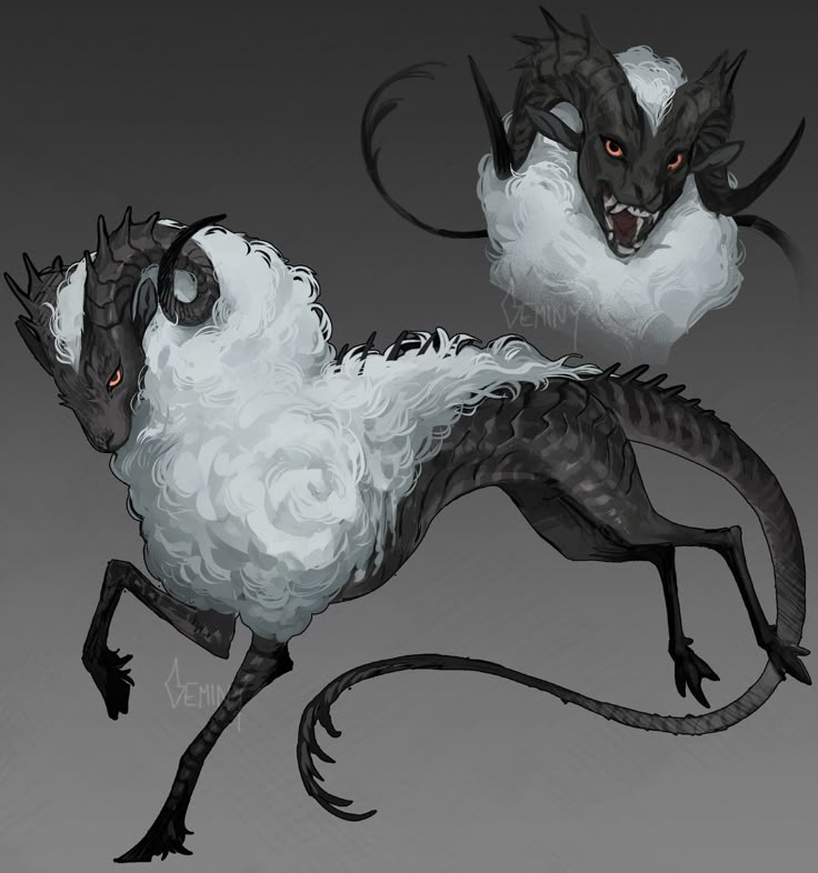the image is a digital illustration of a fantastical creature resembling a demonic ram. it has a ram's head with large, curved black horns and glowing red eyes. its body is long and slender, with a combination of white woolly fur around its neck and back, and a sleek, black, reptilianlike body with spines along its back. it has thin legs with sharp claws and a long, curved tail with sharp barbs. there is a second, smaller illustration of the ram's head with its mouth open, revealing sharp teeth and fangs. the background is a gradient gray.