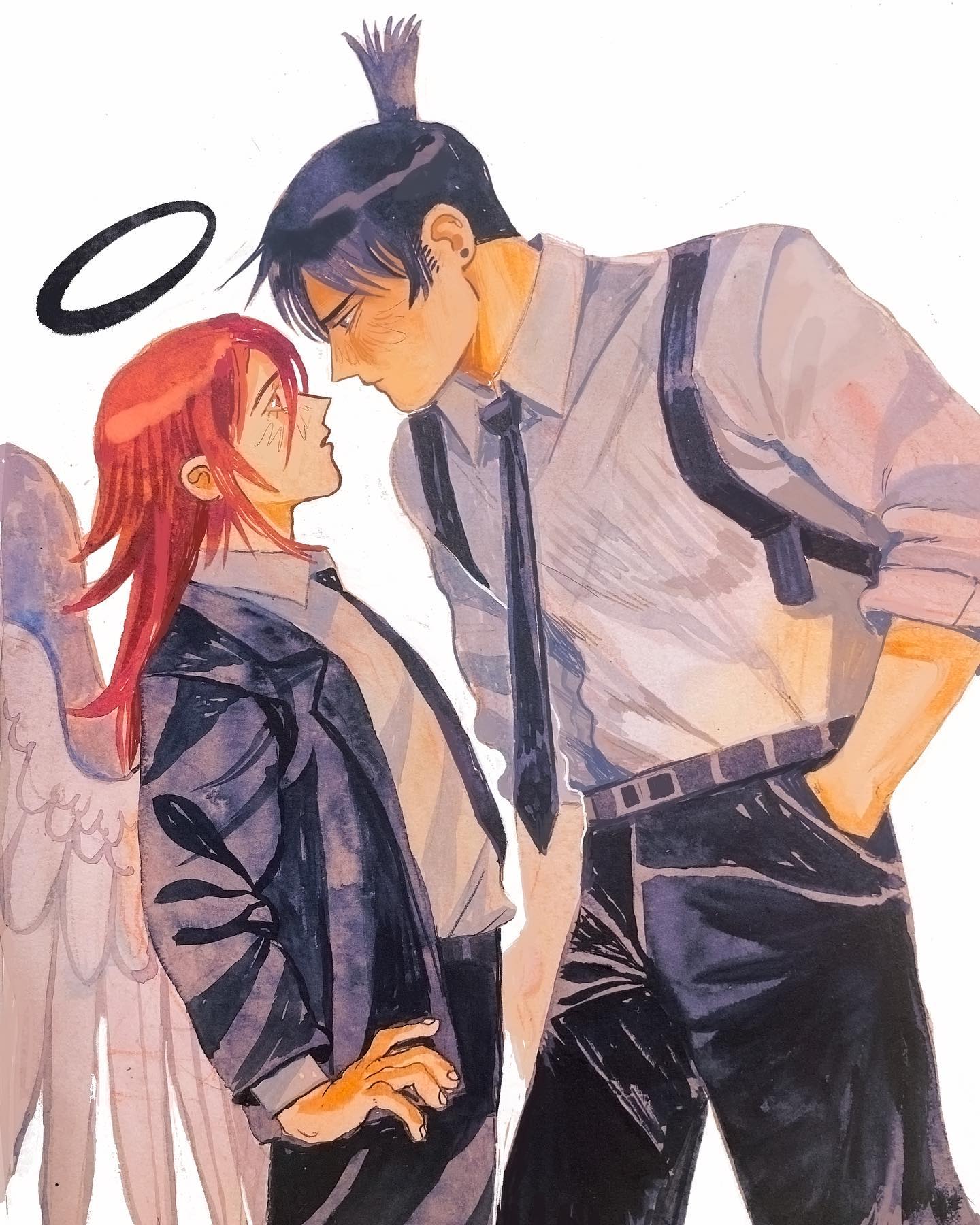 he image is a piece of fanart, likely digital painting or watercolor, depicting a romantic scene between two male characters. the style is reminiscent of anime or manga.  one character, with reddishbrown hair and a white angel wing, is dressed in a dark suit. the other, with dark hair styled in a topknot, wears a lightcolored shirt, dark suit pants, and a tie, and appears to be a detective, indicated by a shoulder holster.  the characters are in close proximity, gazing intently at each other, suggesting a romantic or intimate moment. the artwork is highly expressive, with a focus on the characters' faces and emotions. a halo is subtly placed above the angel character's head. the overall tone is romantic and evocative.