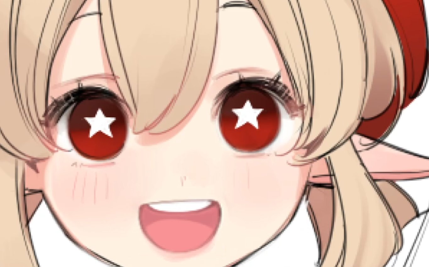 this is a closeup illustration of a cute anime girl's face. she has blonde hair, elf ears peeking out from under a red hat, bright red eyes with white stars in them, rosy cheeks, and a big, cheerful smile. the style is chibilike with exaggerated features, and the lighting is soft, giving the image a warm and friendly feeling.