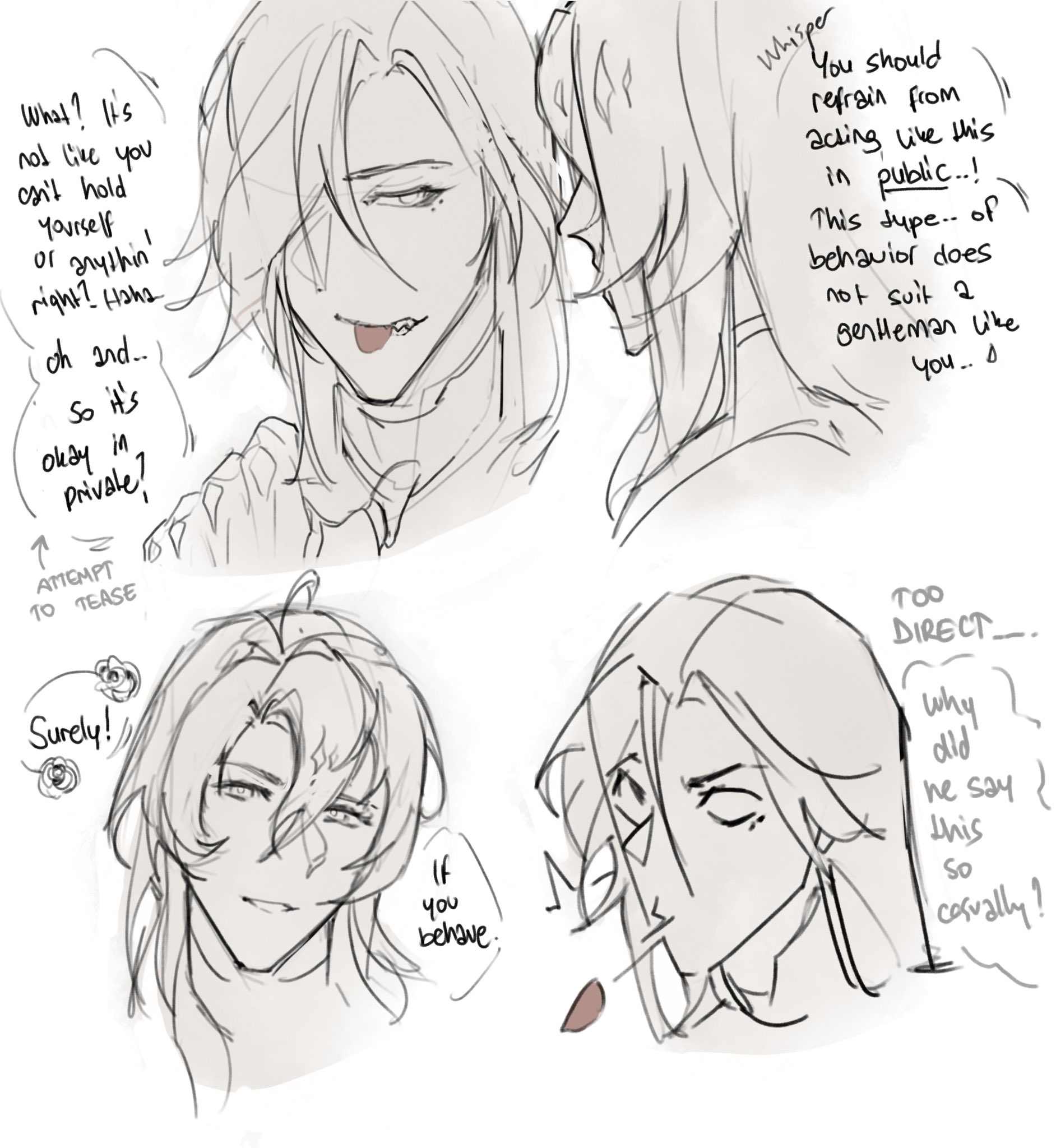 he image contains several sketches of two animestyle male characters.  the sketches show various expressions and poses of the characters, with dialogue bubbles indicating their interactions. the style is loose and suggestive, resembling a workinprogress or concept art.  one character seems to be teasing or provoking the other, while the second character expresses varying degrees of discomfort or disapproval.  the text in the speech bubbles reveals the context of their relationship and the emotional dynamic between them. the overall aesthetic is soft, with muted colors and a focus on character expressions and gestures.