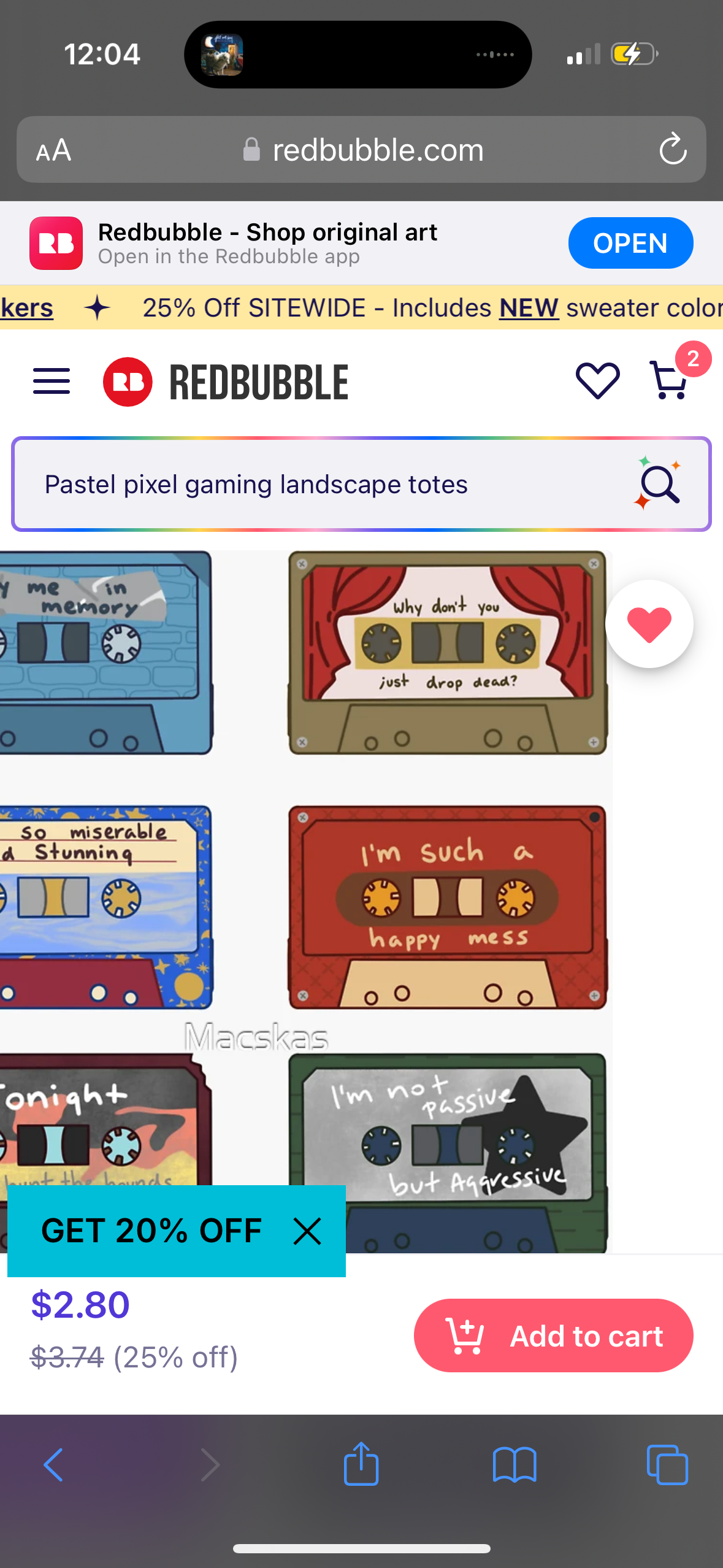 this image is a screenshot of the redbubble website showing a pastel pixel gaming landscape tote bag design. the design features cassette tapes with various sayings on them. the product is currently on sale for 20% off and 25% off. the user can add the item to their cart by clicking the "add to cart" button.  the screen also shows the redbubble logo, a 25% off sitewide announcement and the option to open the app.  the screen's toolbar shows the time, battery life and the option to go back, forward and home.