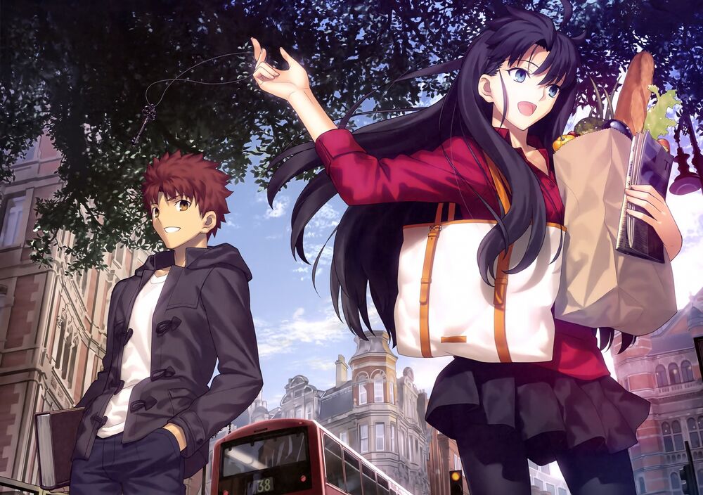 this is fan art depicting rin tohsaka and shirou emiya from the fate/stay night series.  they are depicted in a casual setting, walking down a london street. rin is carrying a shopping bag with groceries, while shirou carries a book. the image is brightly colored and features a cheerful atmosphere.  a doubledecker bus is visible in the background.  the style is consistent with anime artwork.