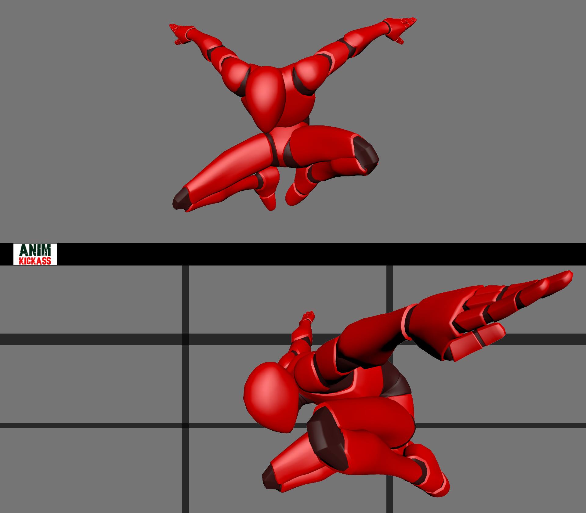 the image shows a 3d rendering of a red, stylized robot figure in two different action poses. the upper figure is depicted in a midair jump, with arms extended and legs bent. the lower figure is in a dynamic pose, with one arm extended forward and the other bent, giving the impression of a lunge or dive. both figures are designed with a smooth, futuristic aesthetic and are set against a grey background with a grid on it. "anim kickass" is on the top left corner.