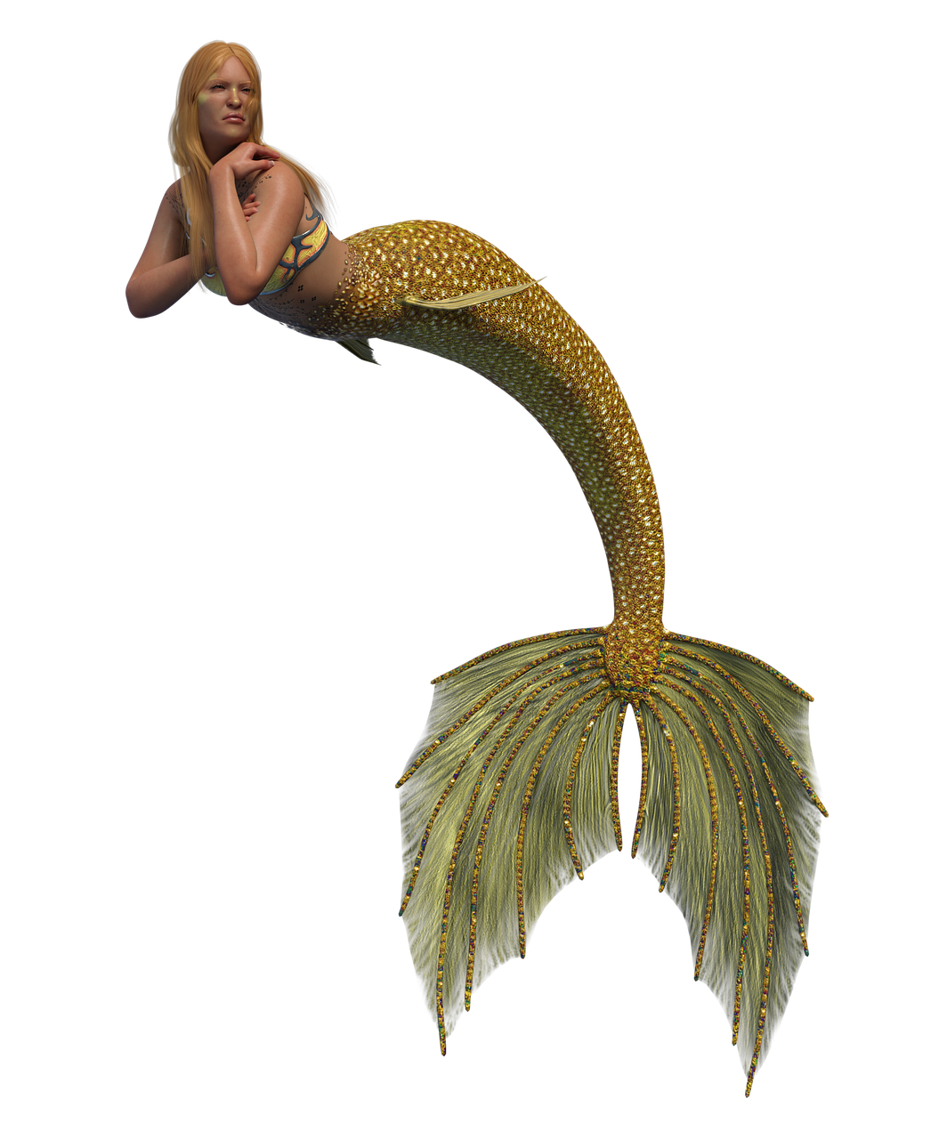 a digitally rendered image of a mermaid with blonde hair and a golden scaled tail against a black background. the mermaid is posed with her hands near her face, and her tail curves prominently. the tail features a detailed pattern of small scales and a large, elaborate fin at the end.