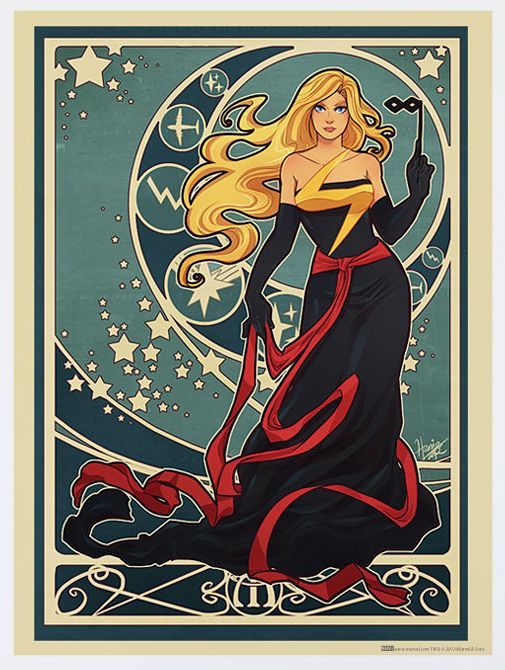 the image is an art nouveau style illustration of ms. marvel, also known as carol danvers. she is depicted as a superhero with blonde hair and blue eyes, wearing a black dress with a yellow lightning bolt emblem and a red sash. she is also wearing black gloves and holding a masquerade mask. the background features stars and a crescent moon, and the overall style is reminiscent of vintage posters.